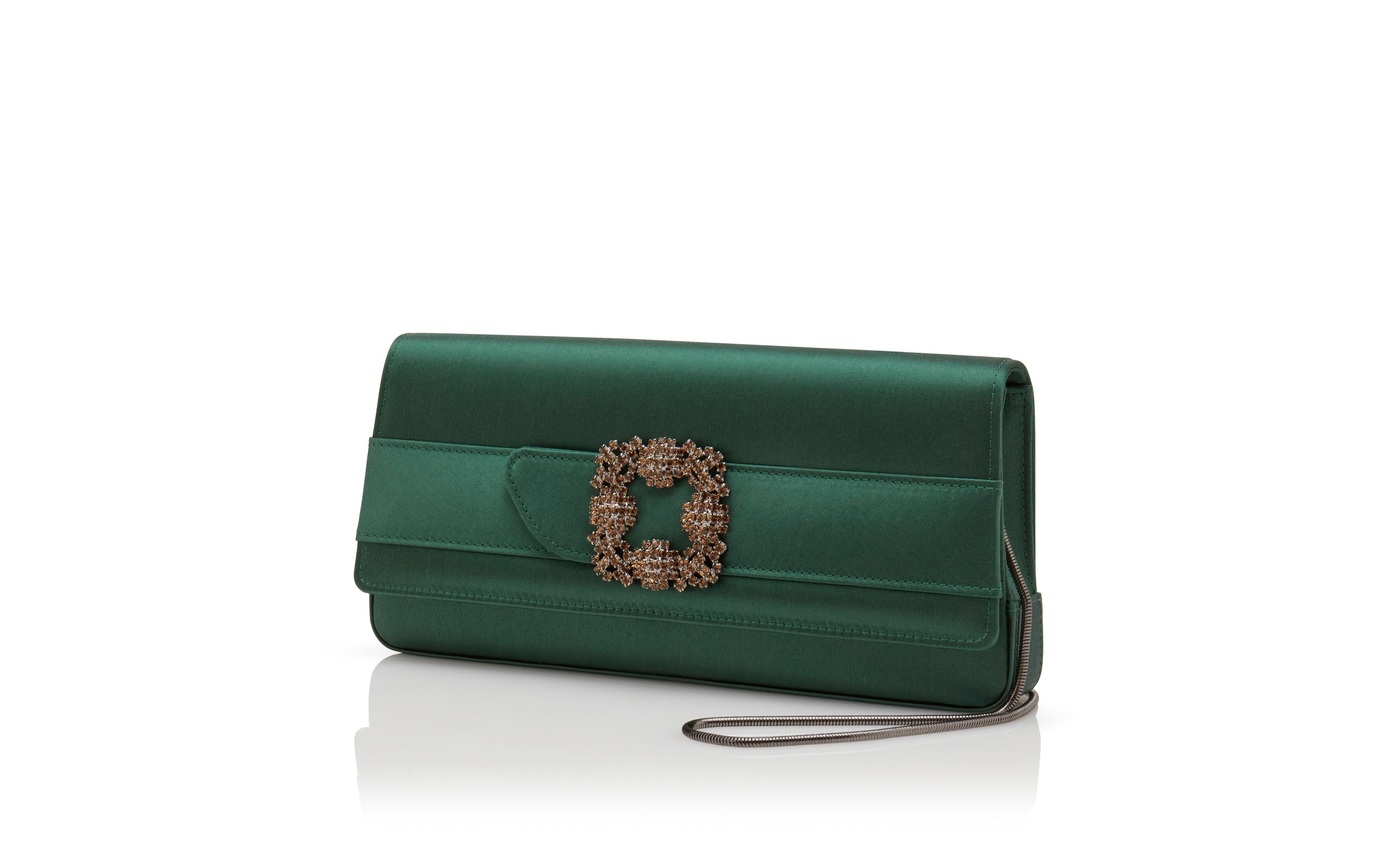 Dark Green Satin Jewel Buckle Clutch - 3