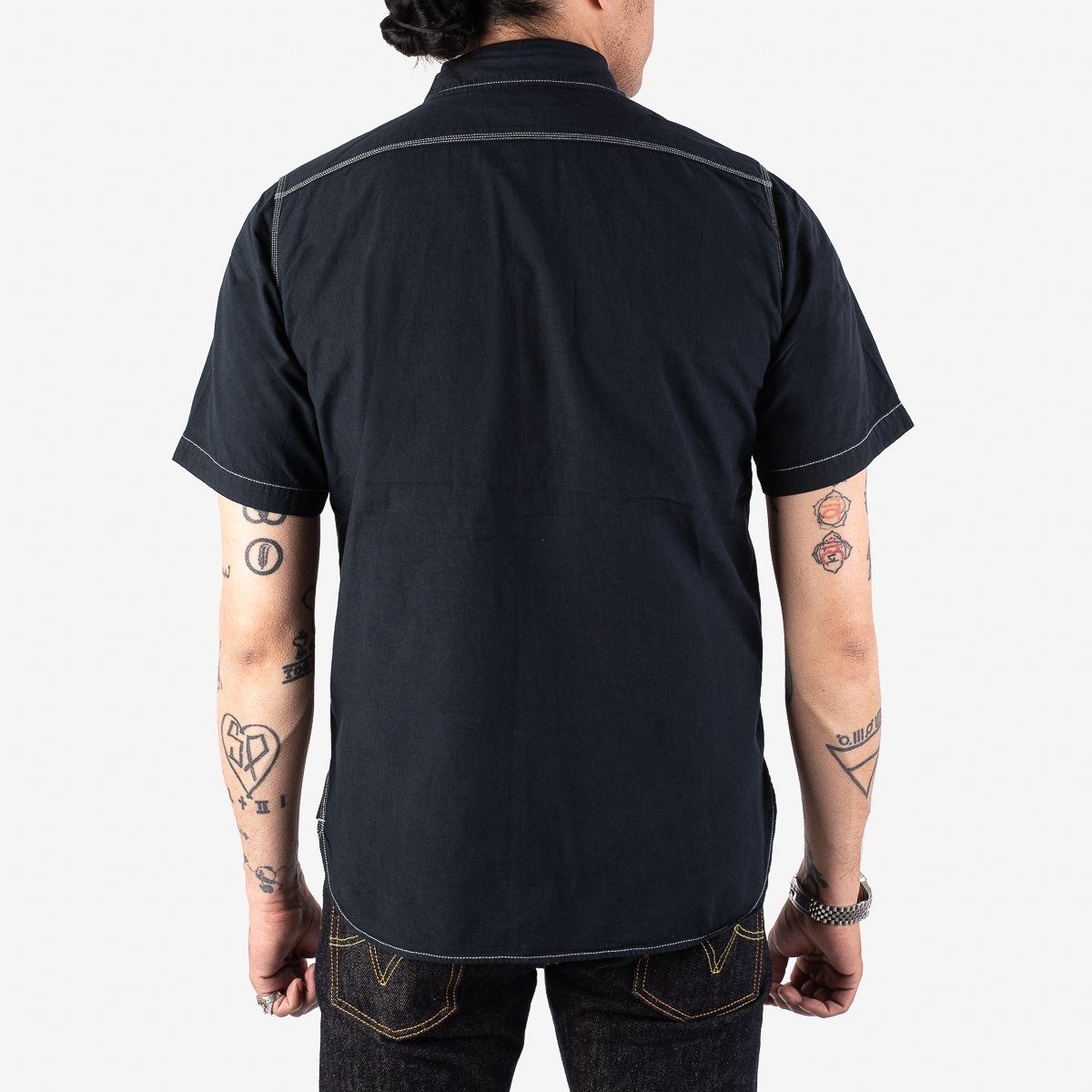 IHSH-285-OD 5.5oz Selvedge Chambray Short Sleeved Work Shirt - Indigo Overdyed Black - 3