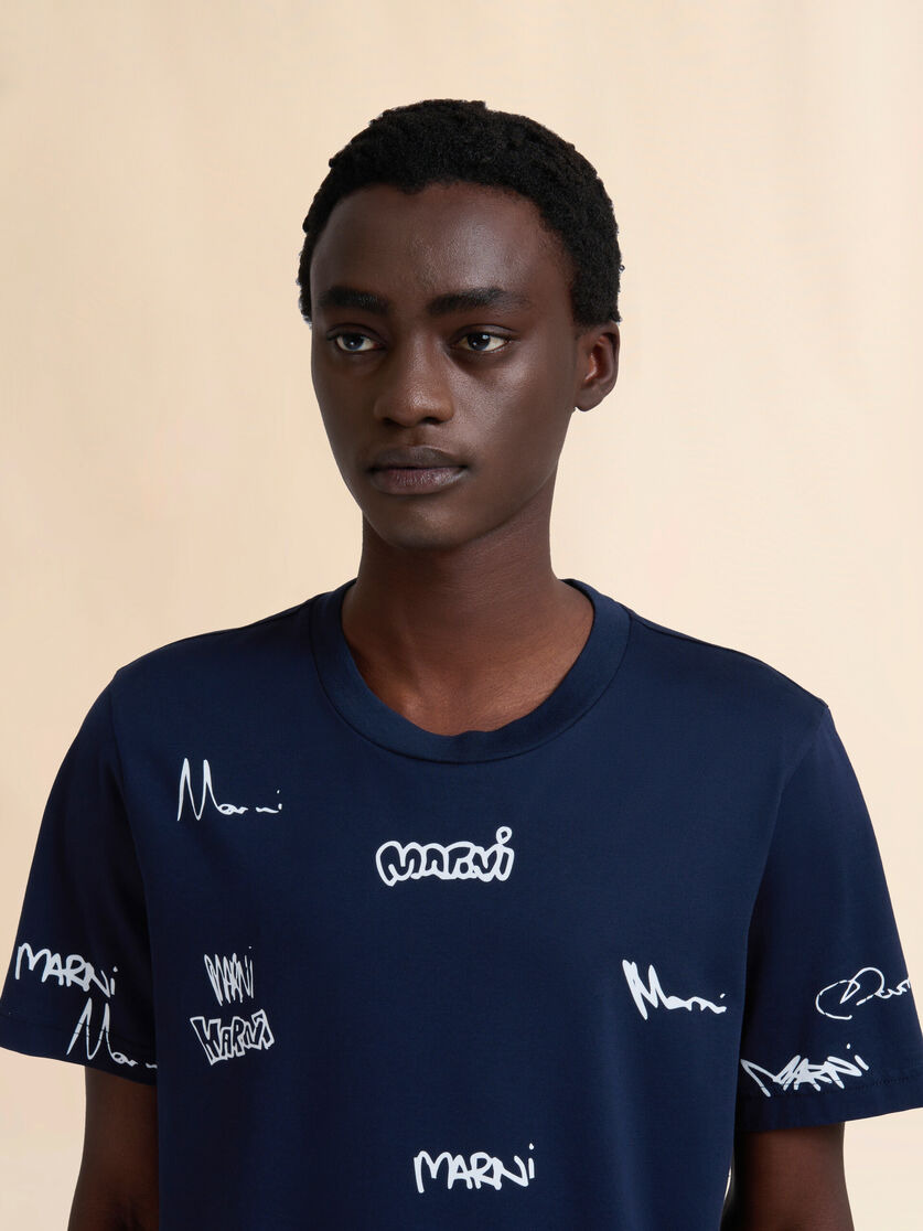 DEEP BLUE COTTON T-SHIRT WITH MULTIGRAM MARNI PRINT - 4