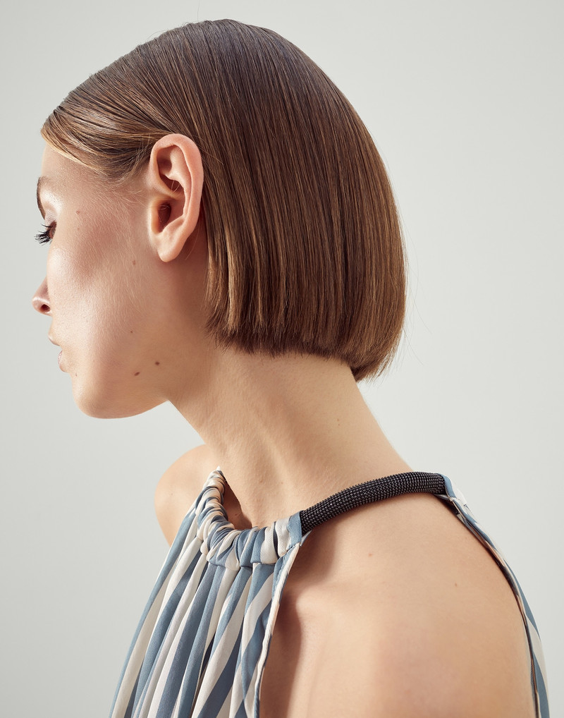 Viscose and silk striped twill top with shiny halterneck 3