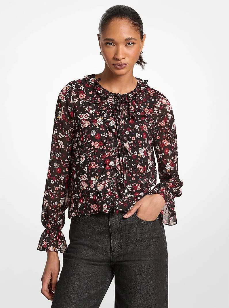 Ruffled Floral Print Georgette Top - 1
