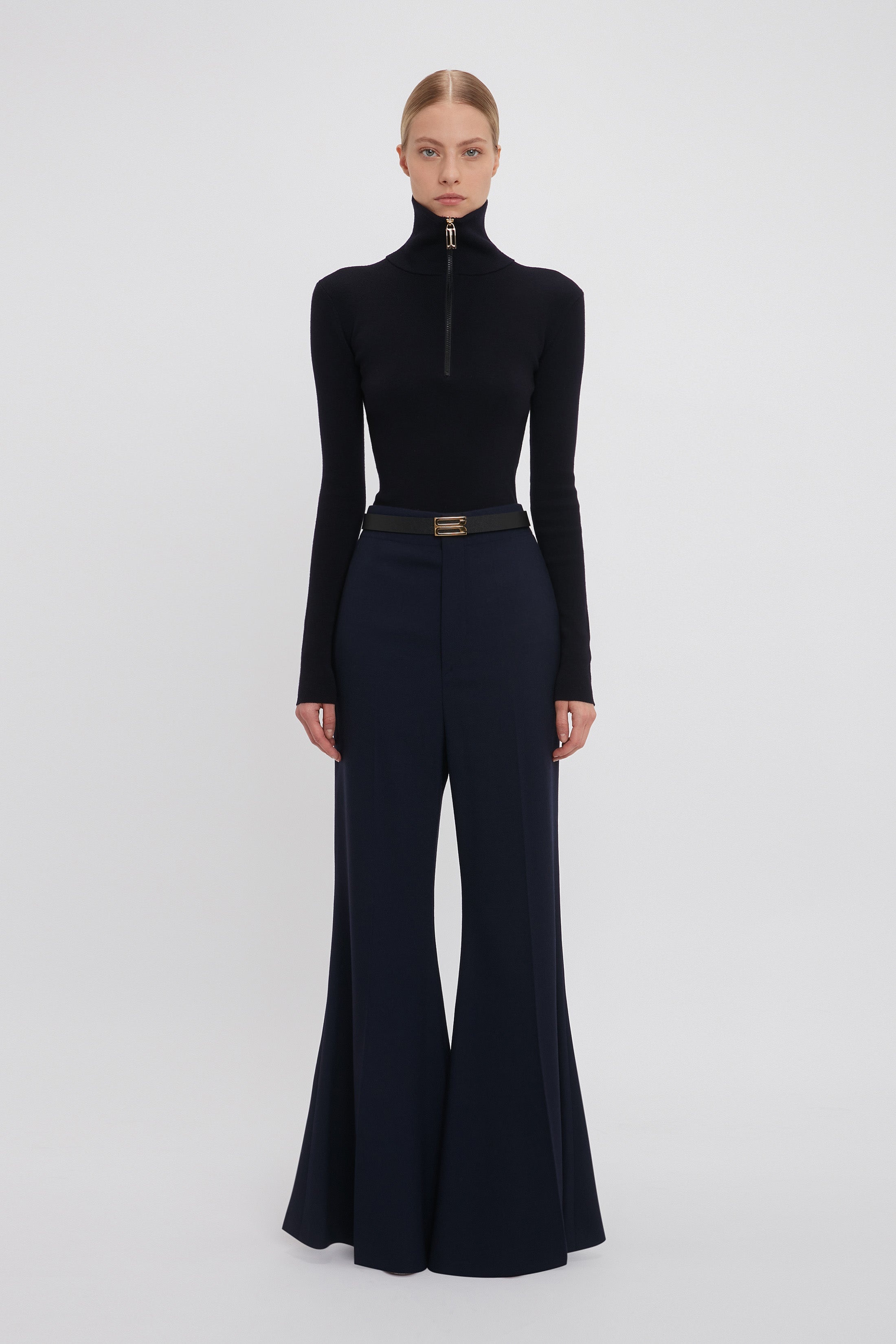 Half Zip High Neck Top In Ink Blue - 2