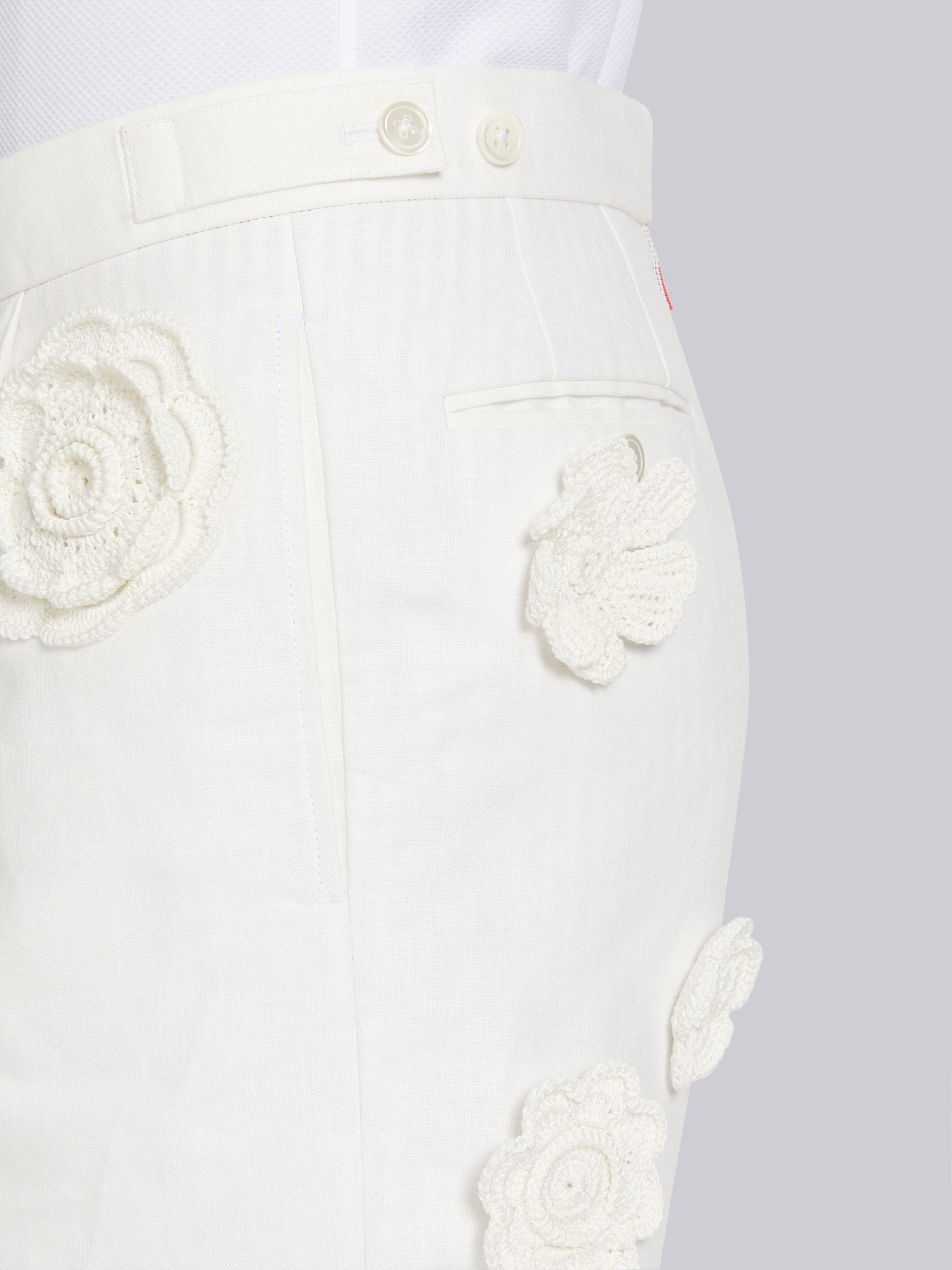 White Cotton Linen Floral Crochet Side Tab Short - 5