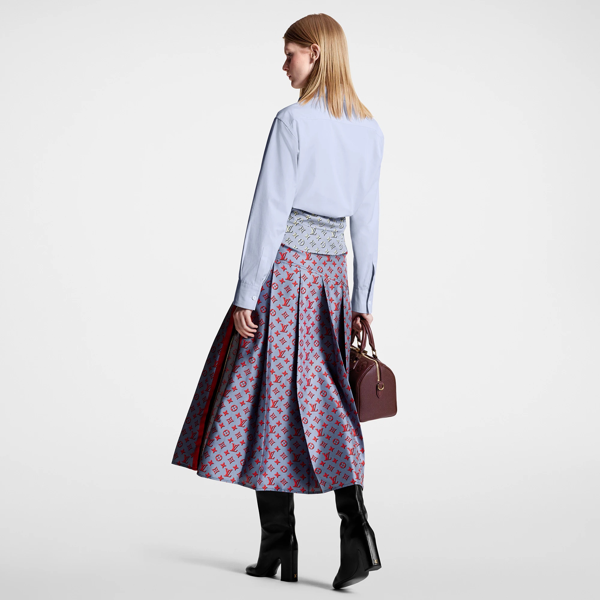 3D Monogram Asymmetrical Pleat Midi Skirt - 3