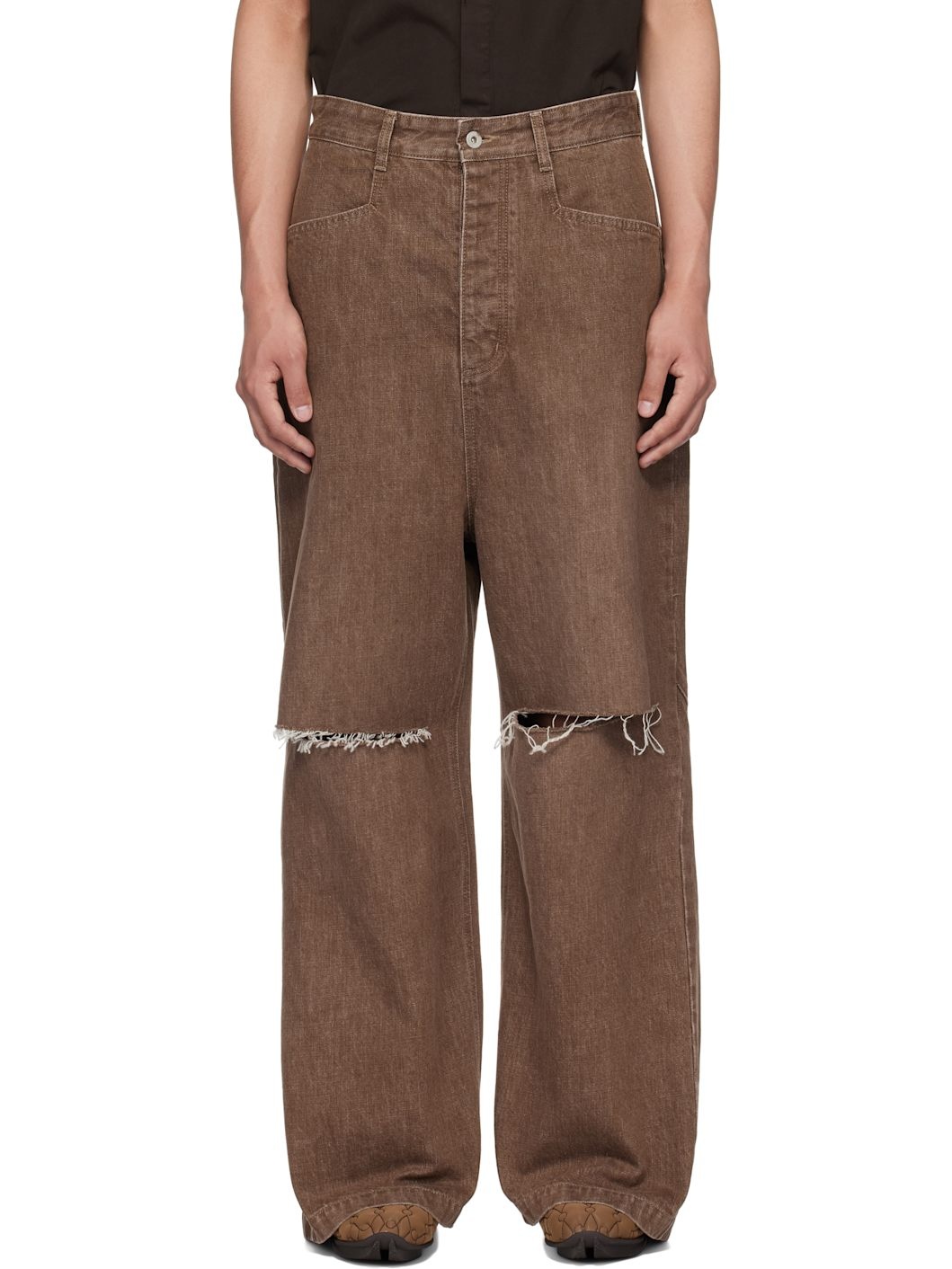 Brown Wide Damaged Jeans - 1