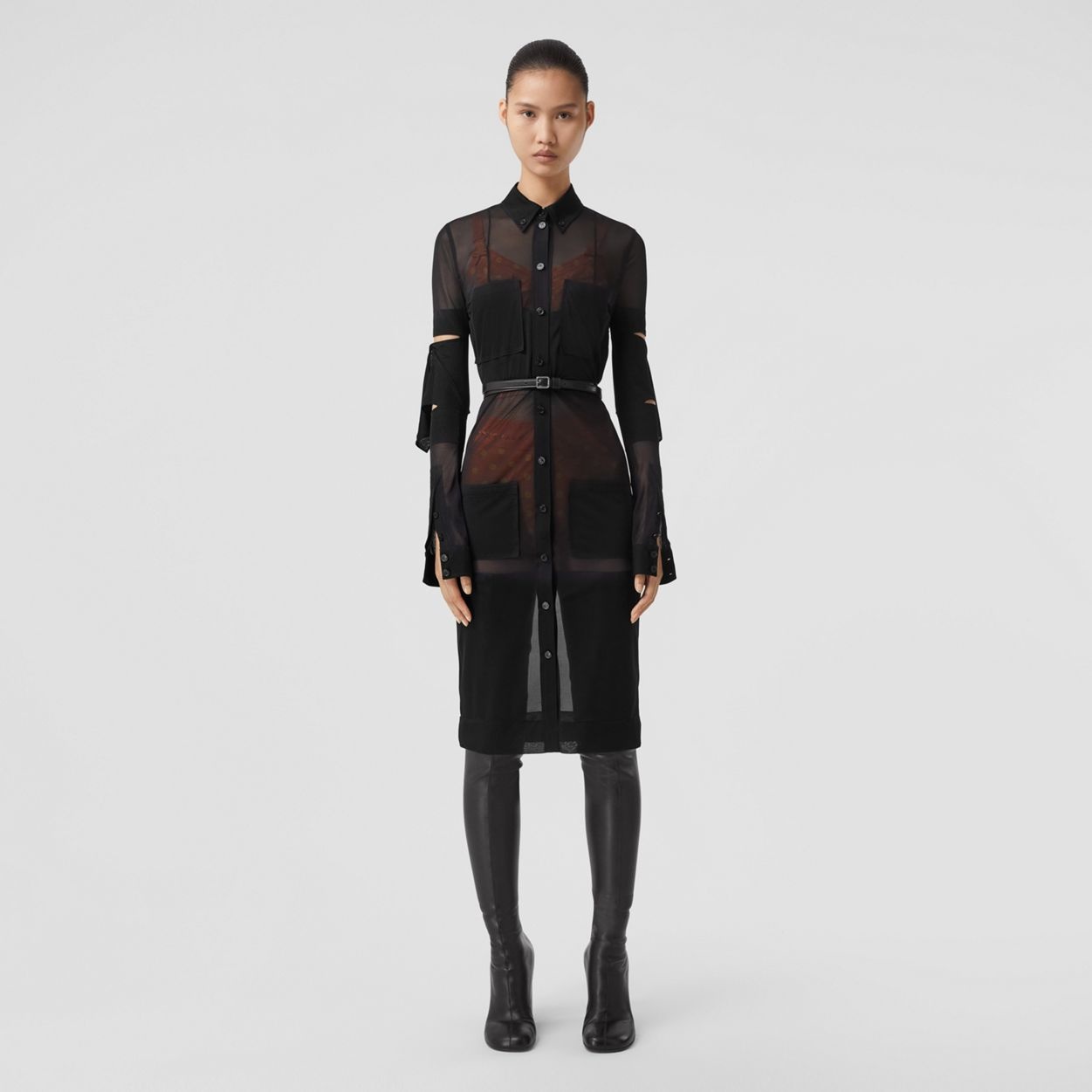 Cut-out Detail Sheer Jersey Shirt Dress - 2