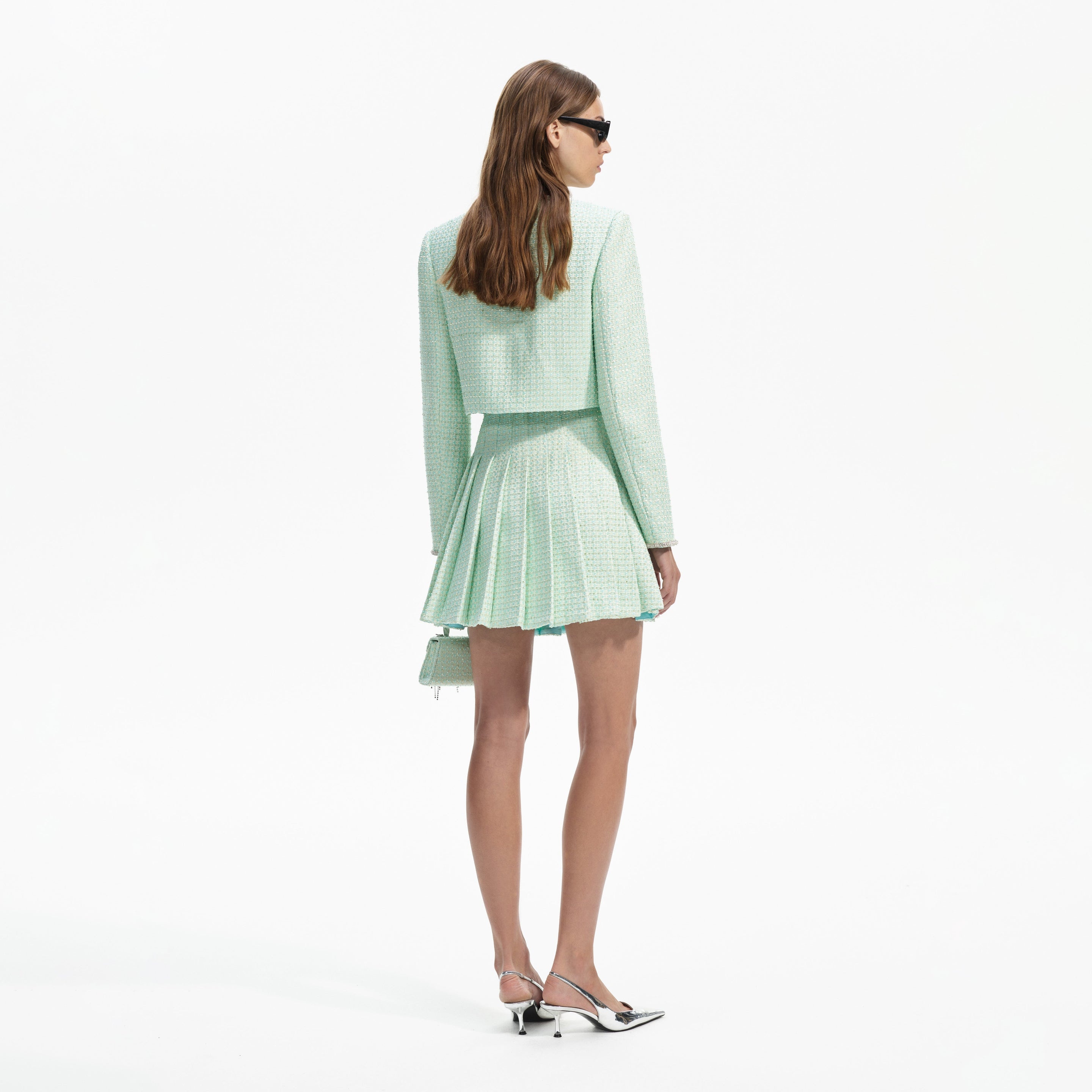 Mint Boucle Pleated Mini Skirt - 3