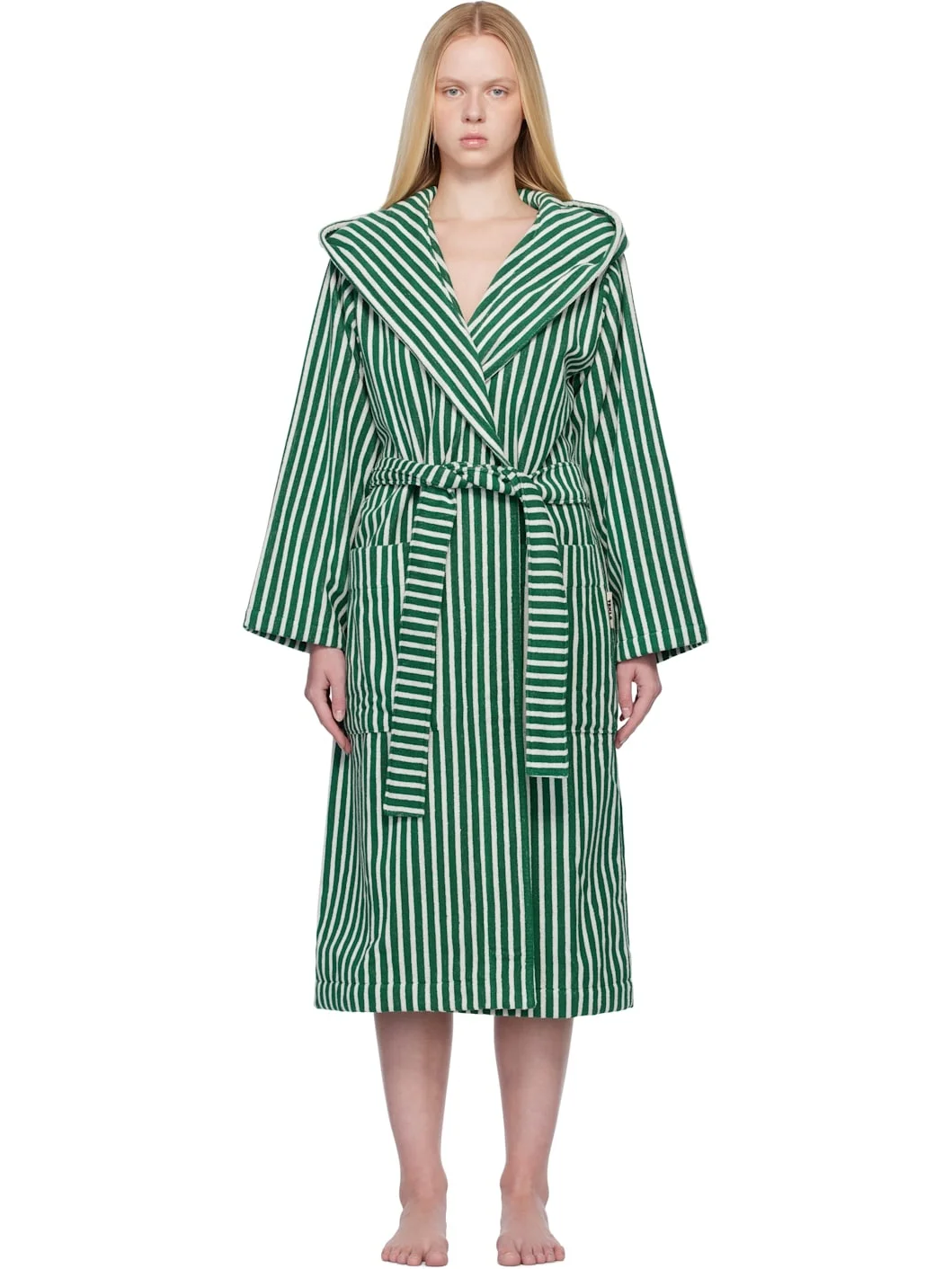 Green & White Terry Hooded Bathrobe - 1