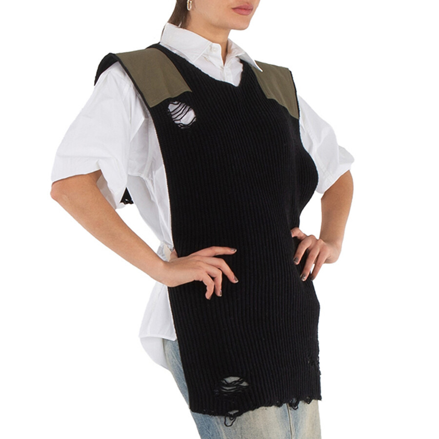 Mm6 Ladies Black Distressed Panelled Ribbed Vest, Size One Size - 4
