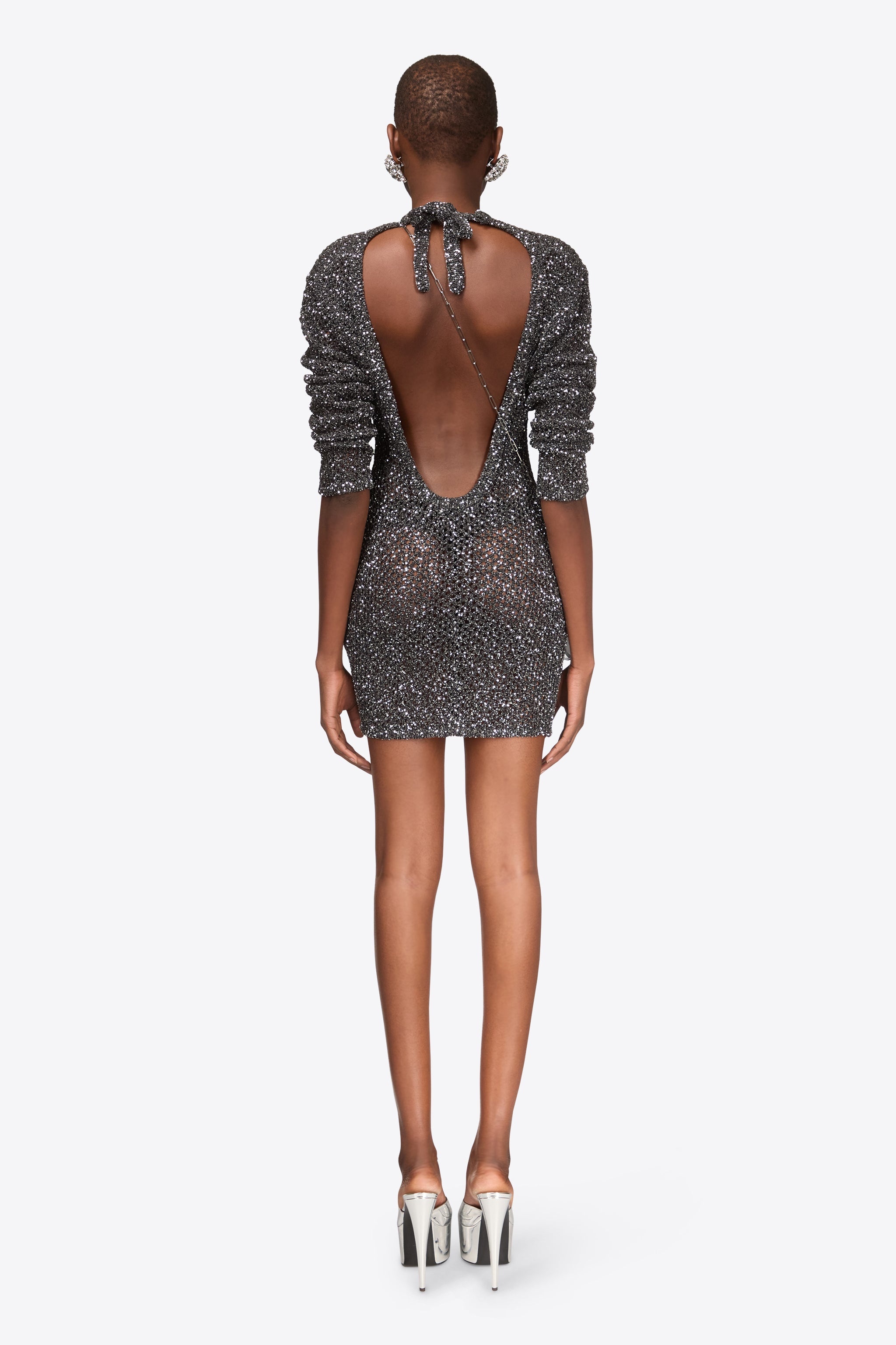 SEQUIN CROCHET LONG SLEEVE MINI DRESS - 6