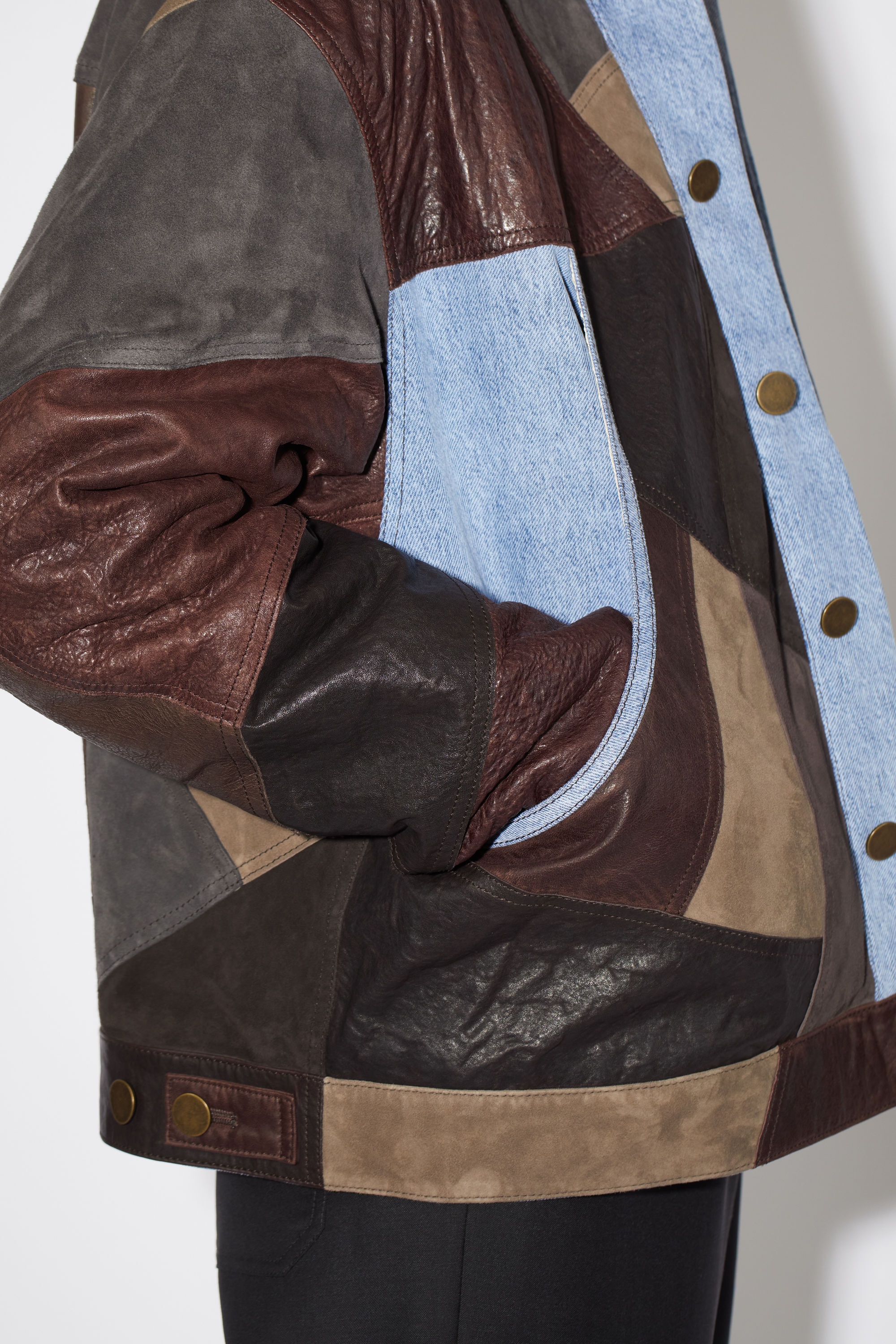 Leather patchwork denim jacket - Dark brown/multi - 5