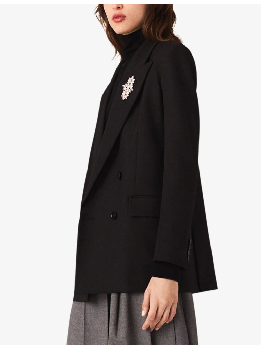 Removable-Brooch Double-Breasted Stretch Wool-Blend Blazer - 3