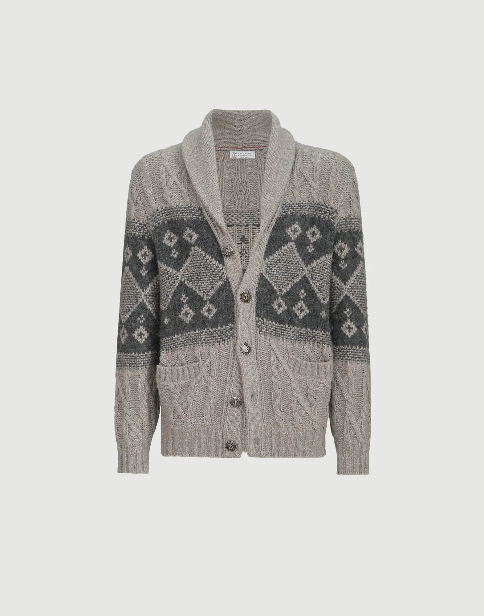 Virgin wool, silk and cashmere chiné cable knit cardigan with intarsia - 1