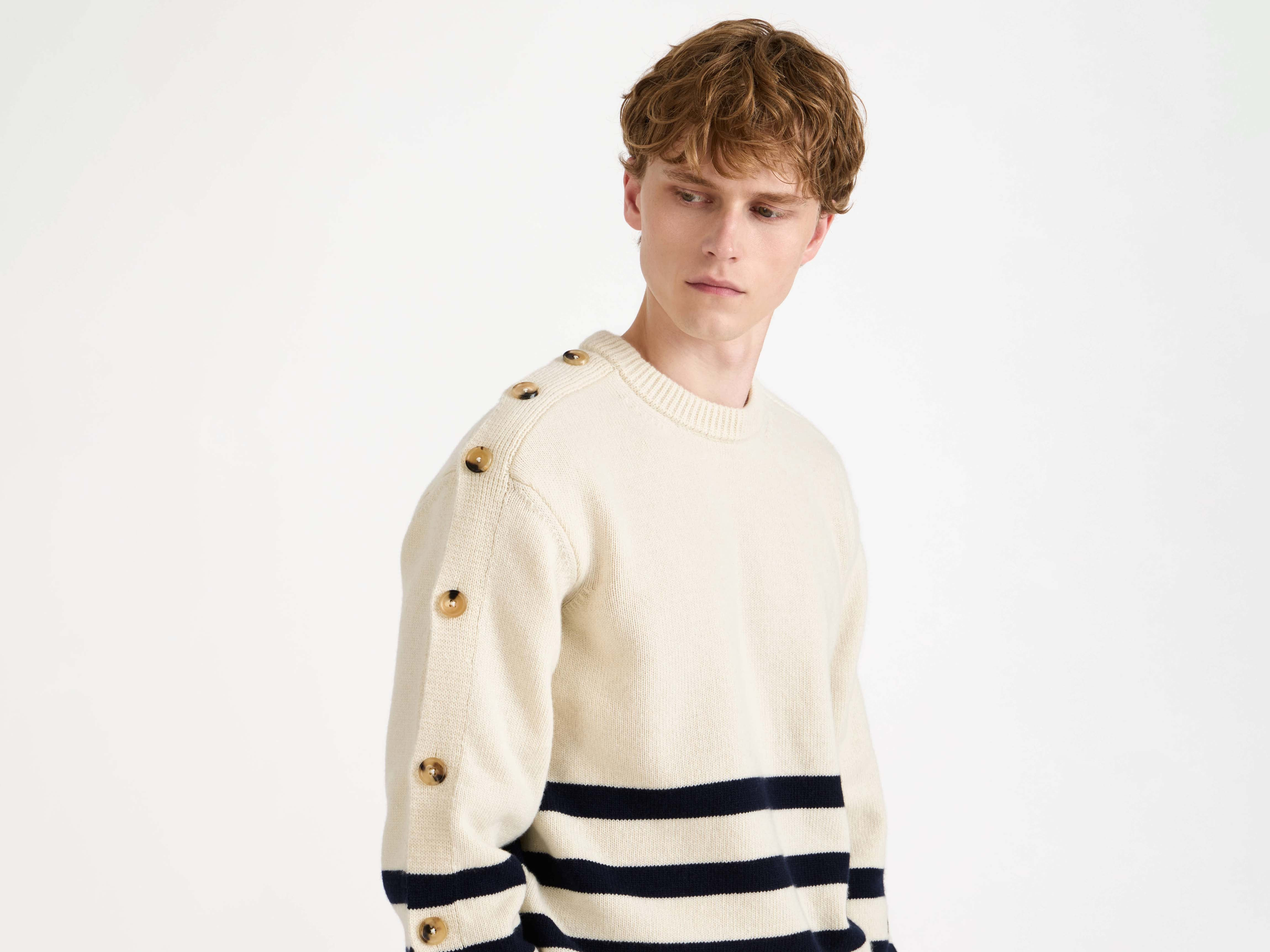 BUTTONED SLEEVE BRETON JUMPER IN IVORY - 5