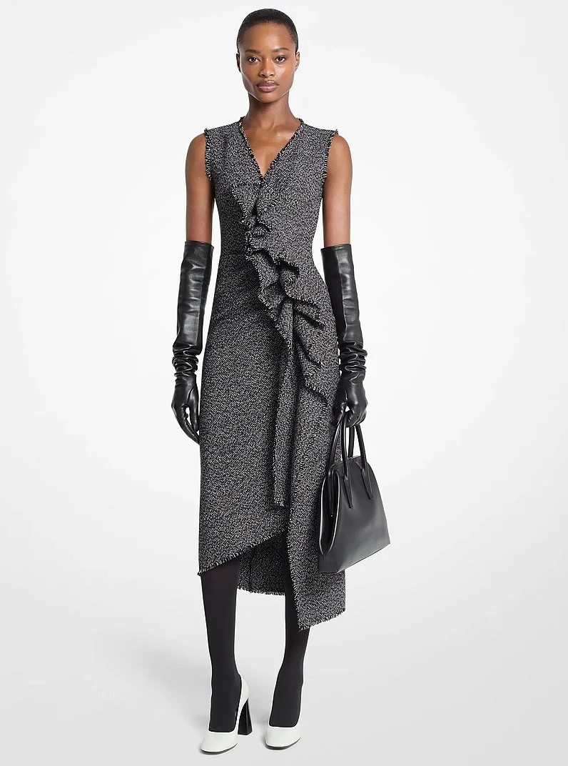 Frayed Crosshatch Tweed Sheath Dress - 1
