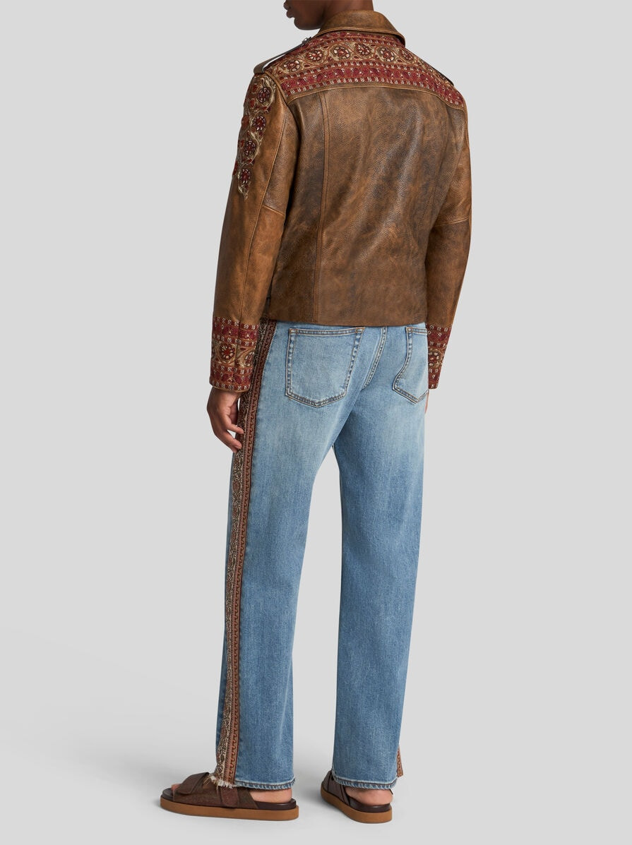 LEATHER BIKER JACKET WITH EMBROIDERY - 5