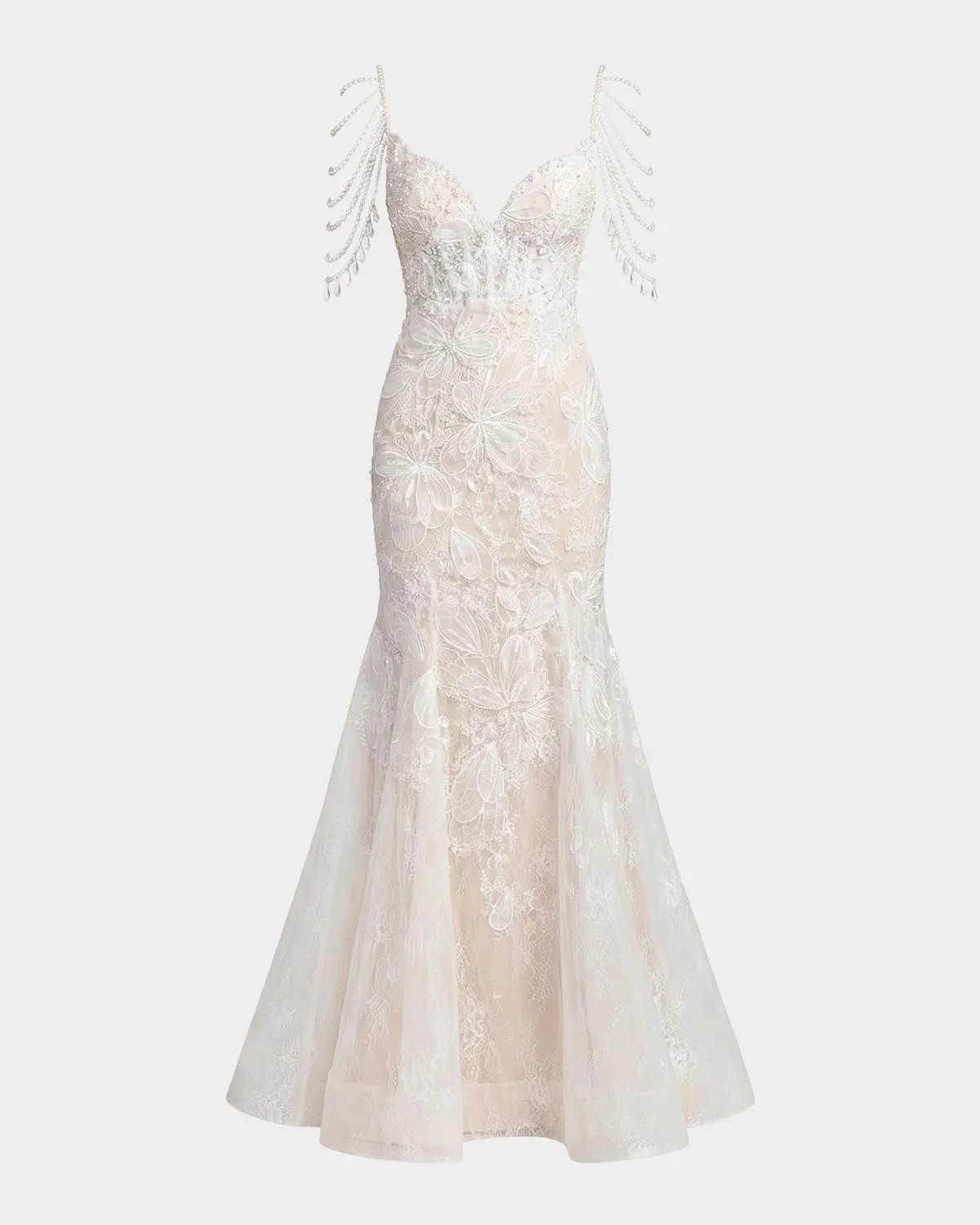 Beaded Floral Lace Mermaid Gown - 1