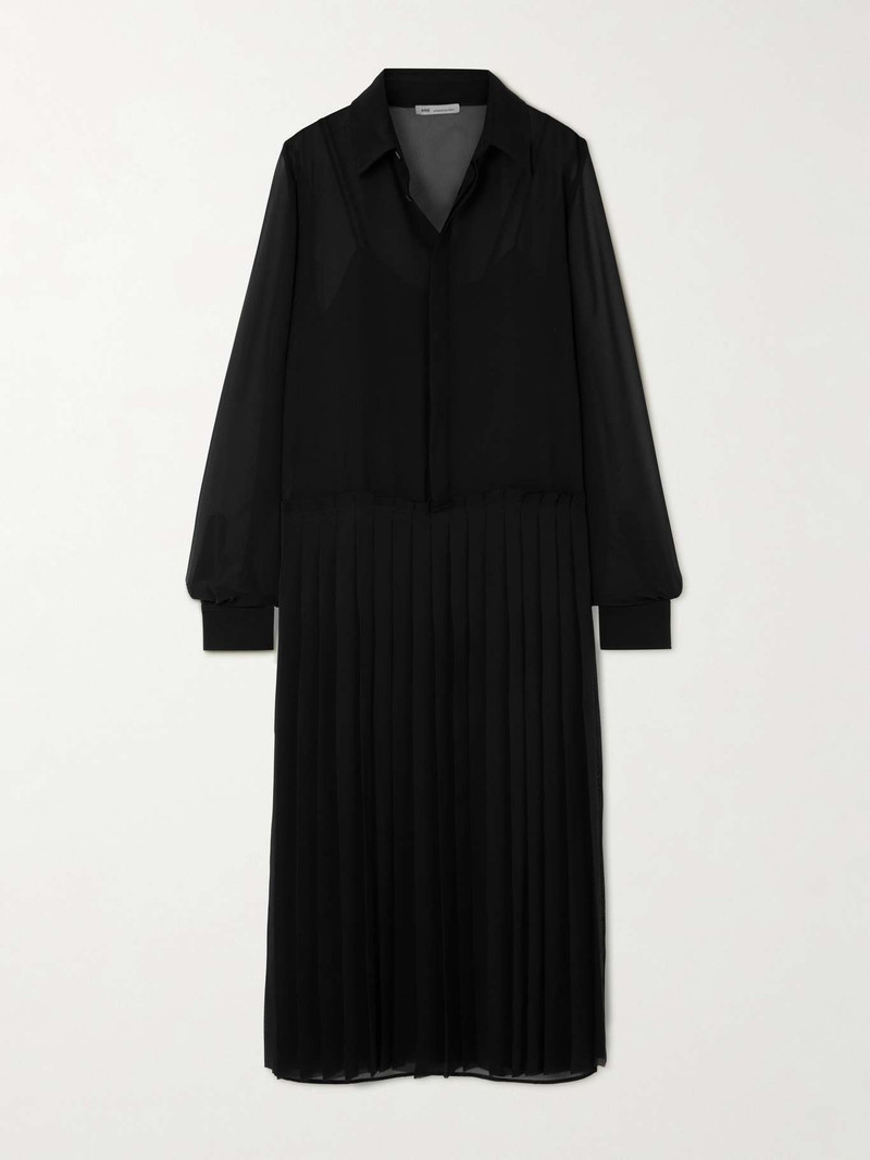 Pleated crepe midi shirt dress Black - 1