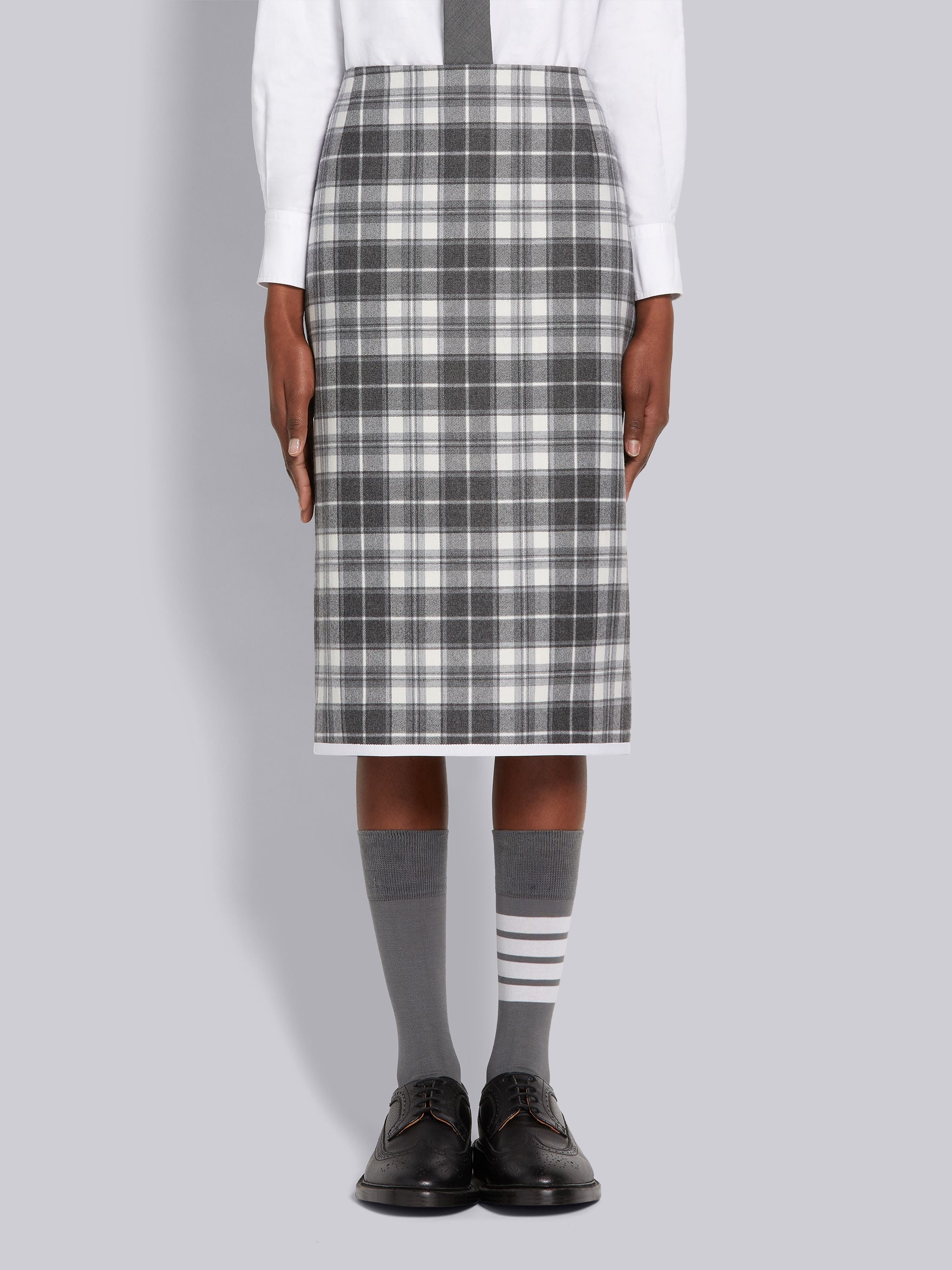 Medium Grey Tartan Check Wool Flannel Suiting Grosgrain Tipping Low-rise Knee-length Pencil Skirt - 1