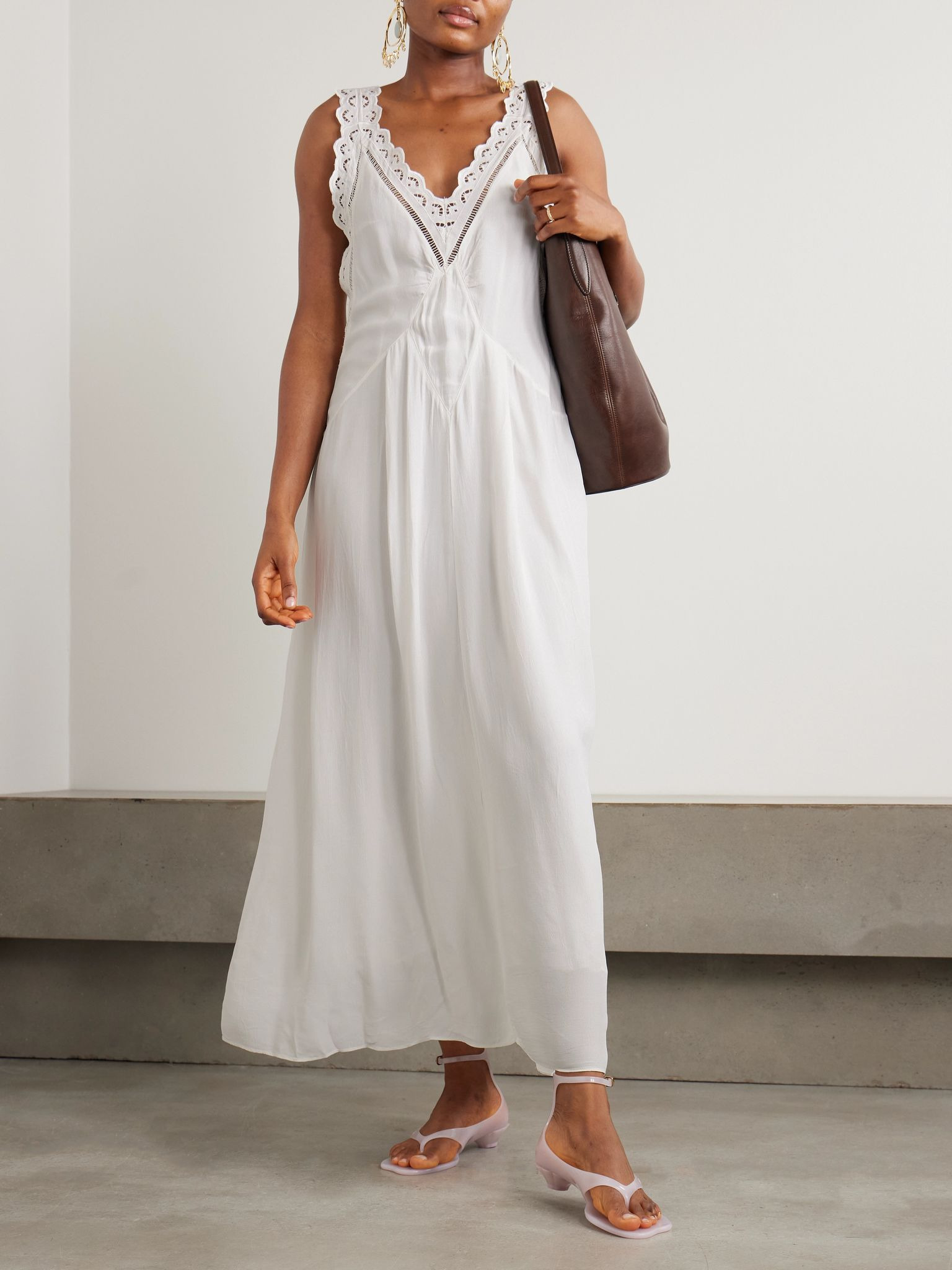 Freda broderie anglaise-trimmed crepe maxi dress White - 2