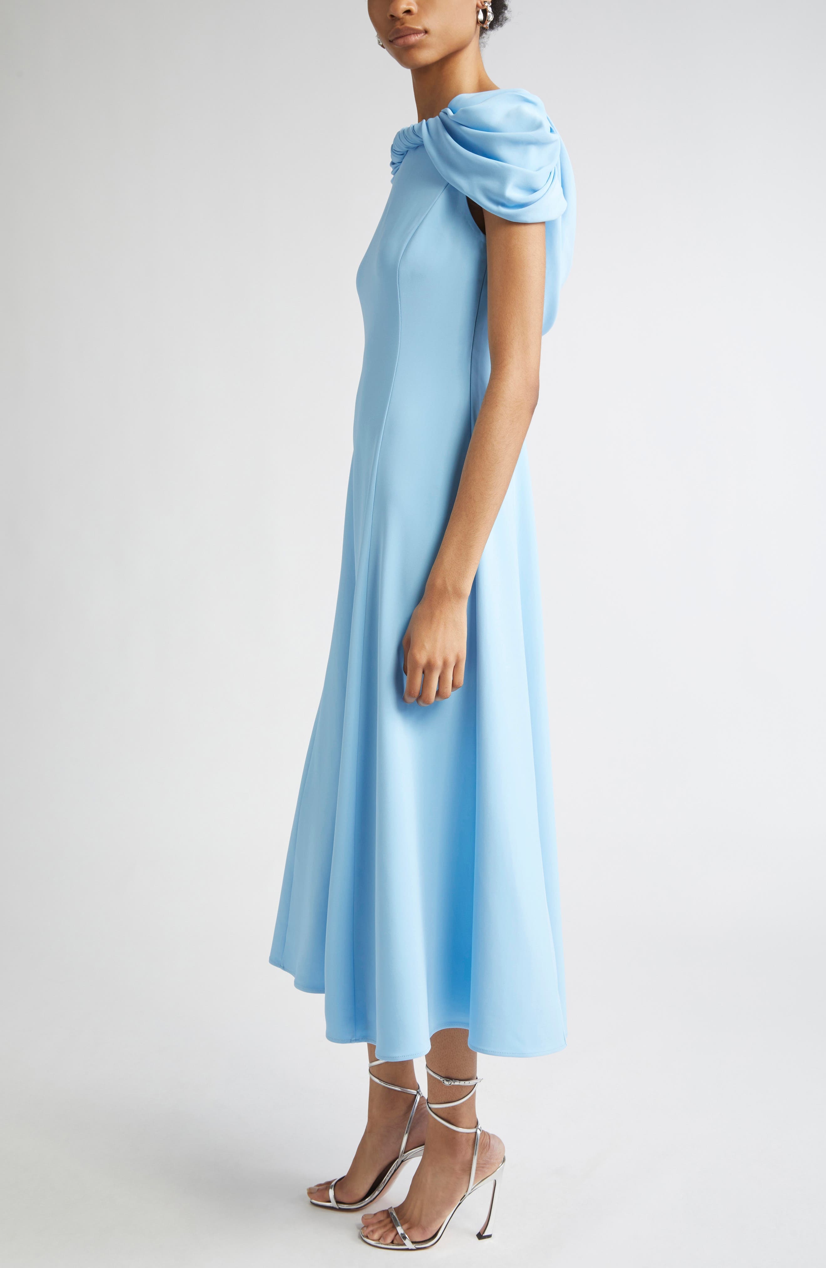 Oscar de la Renta Twist Detail Cap Sleeve Stretch Cady Midi Dress in Baby Blue at Nordstrom - 3