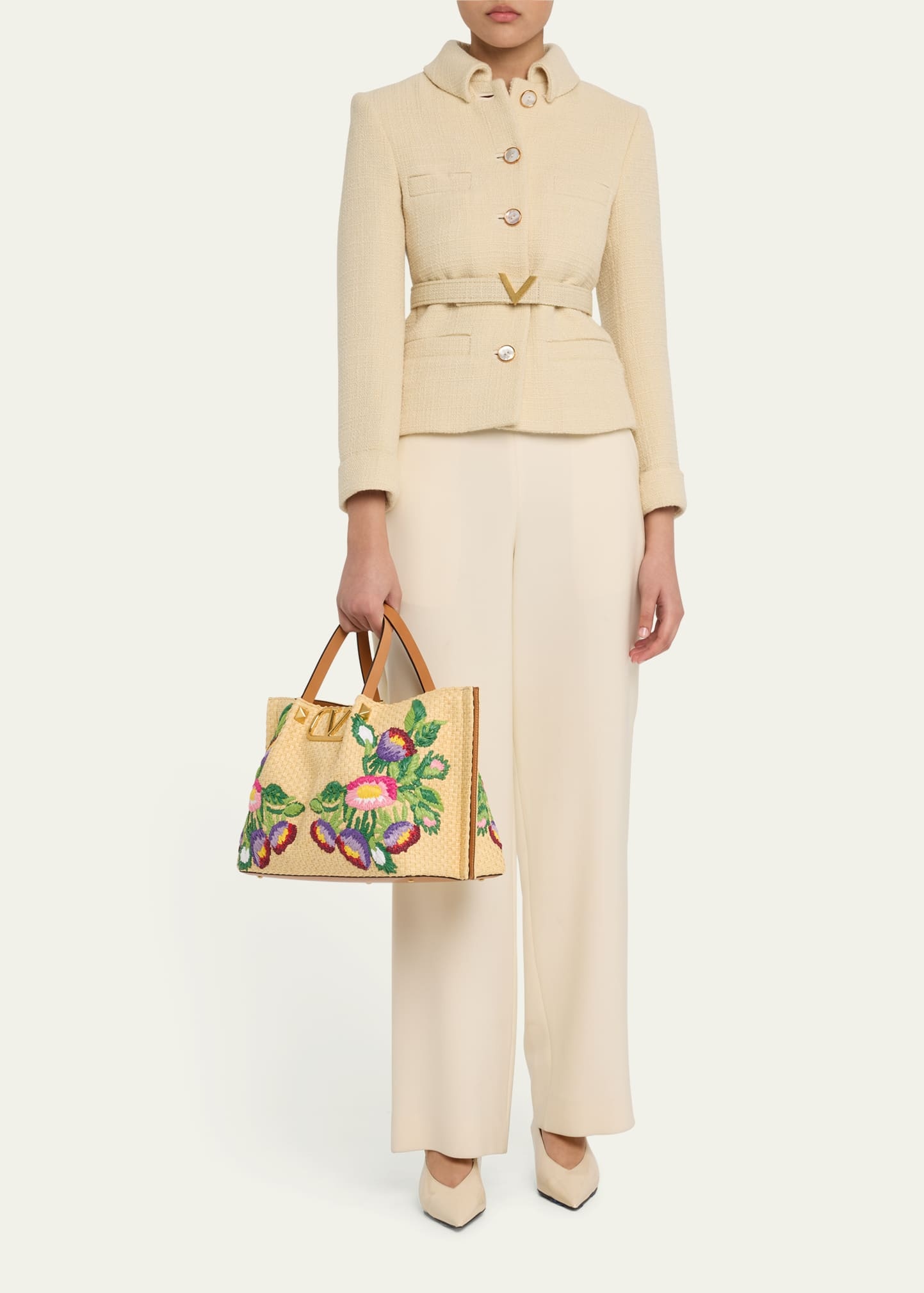 Floral Embroidered Raffia Medium Shopping Tote Bag - 6