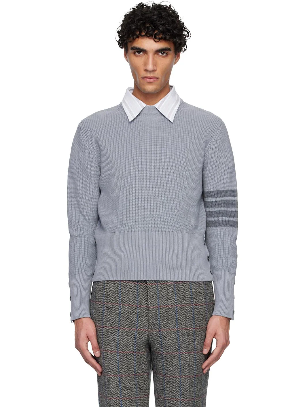 Navy Cotton Cardigan Stitch 4-Bar Sweater - 1