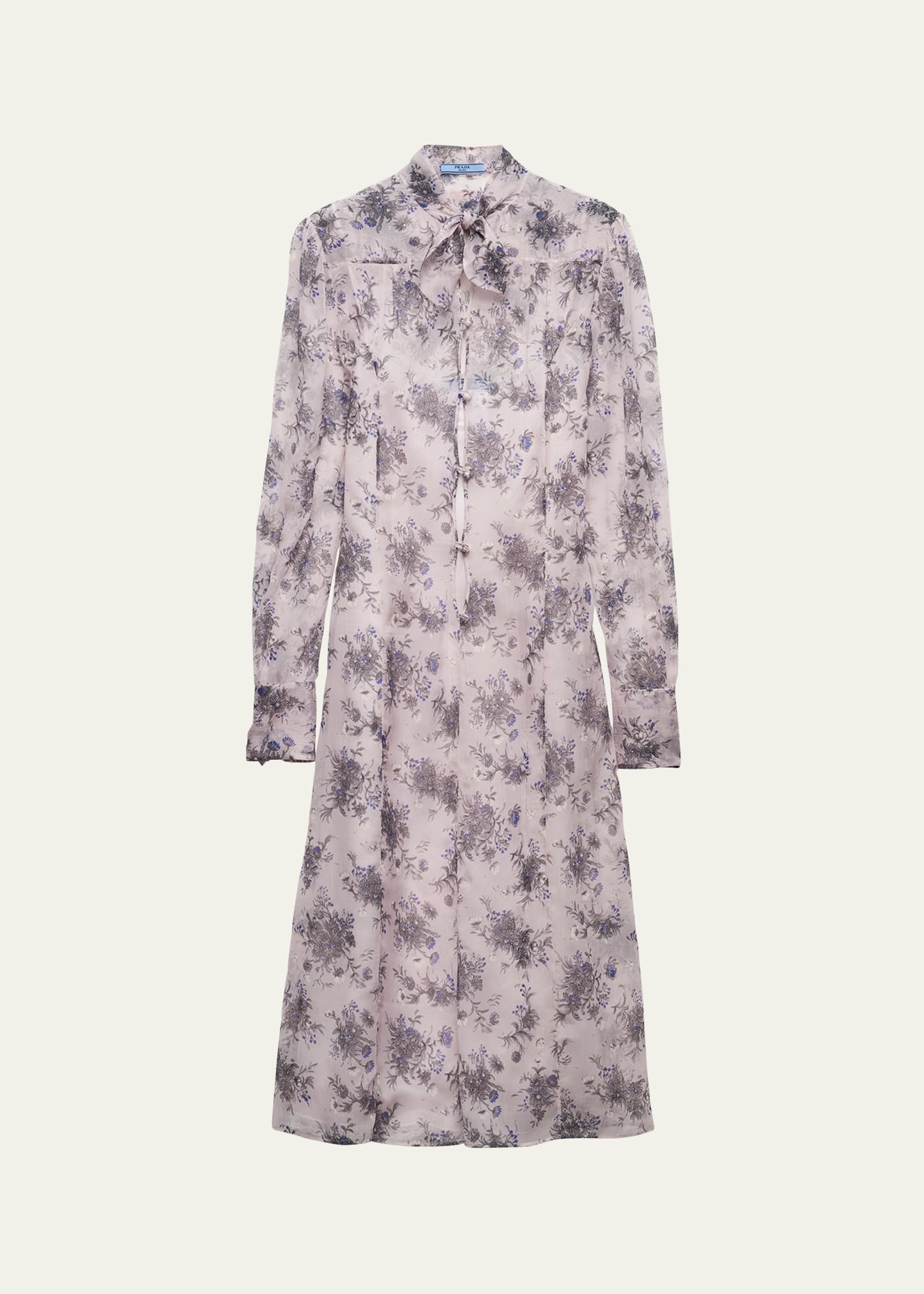Floral Chiffon Scarf-Collar Midi Dress - 1