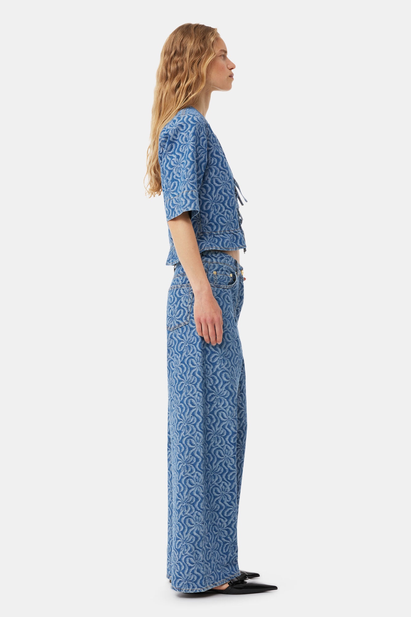 BLUE JACQUARD DENIM WIDE PANTS - 4