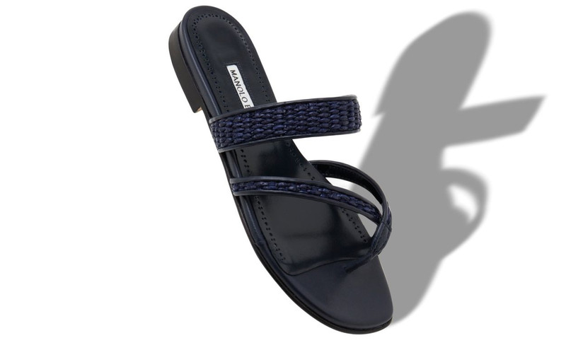 Manolo Blahnik Navy Blue Raffia Flat Sandals outlook