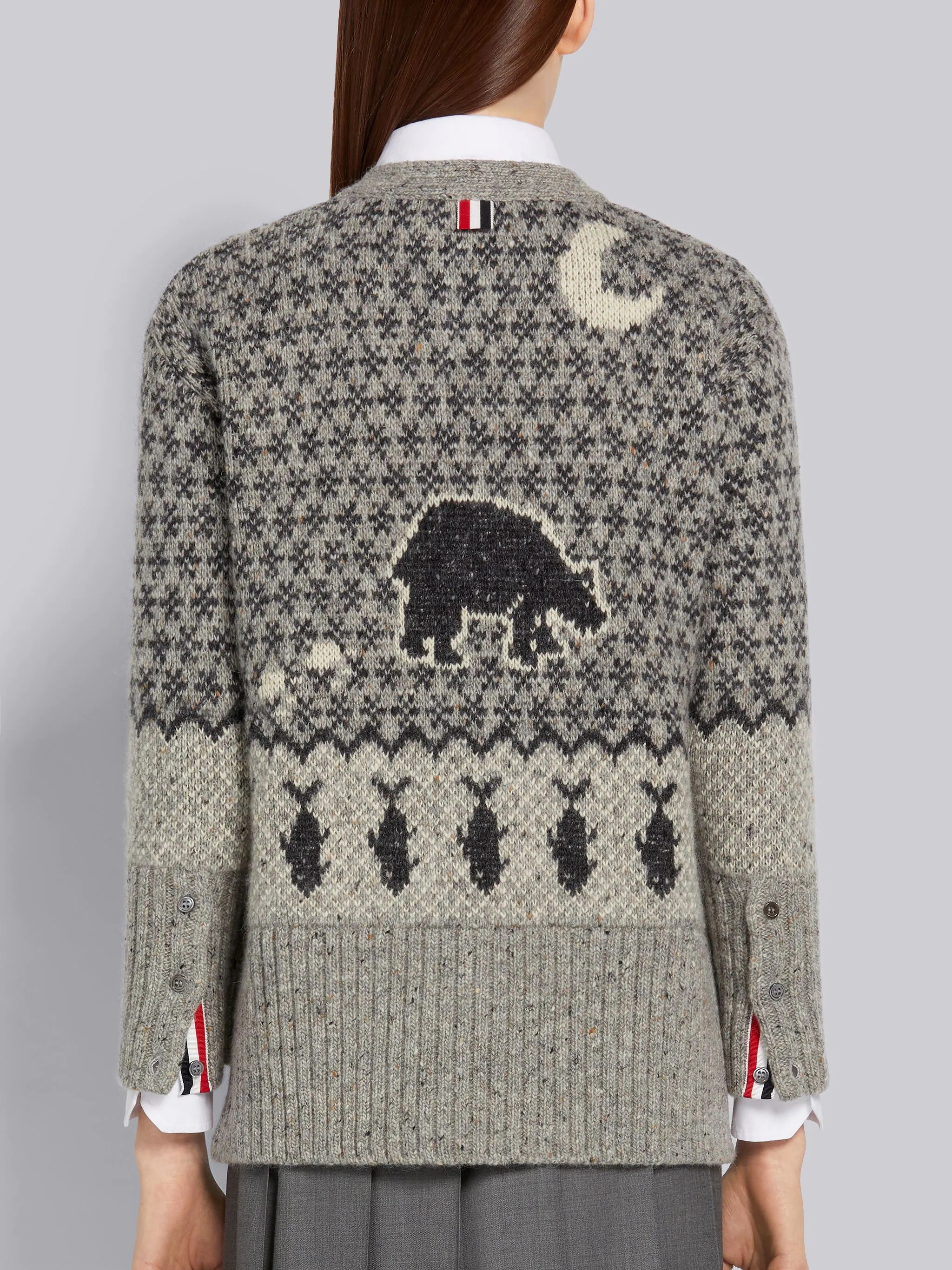 Fun-mix Grey Mohair Tweed Bear Fair Isle Jacquard Oversized V-Neck Cardigan - 3