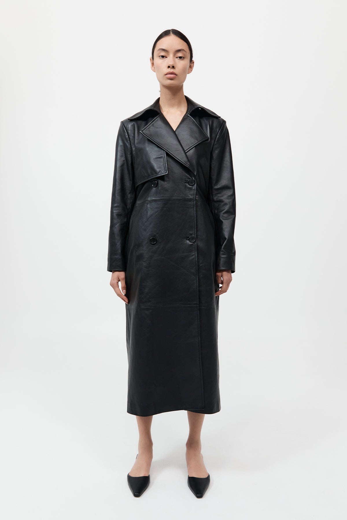 Leather Trench Coat - Black - 1