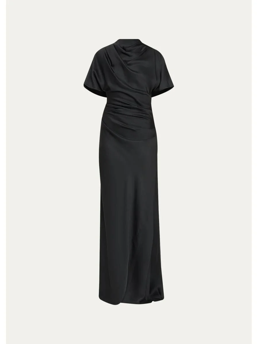Annibelis Draped Cape-Sleeve Satin Gown - 1