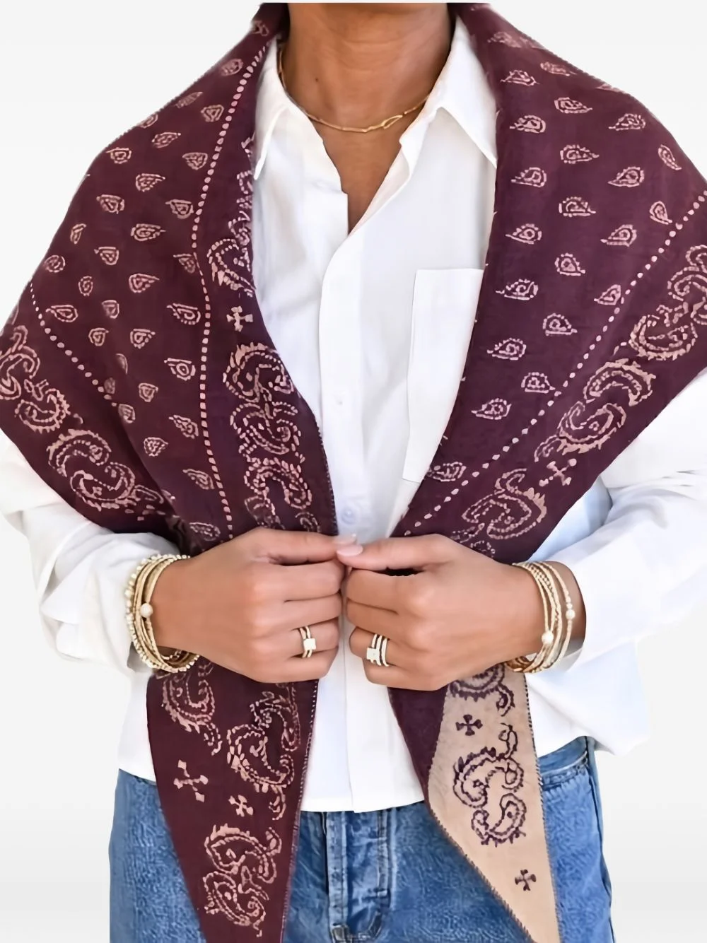paisley-print leather-trimmed scarf - 1