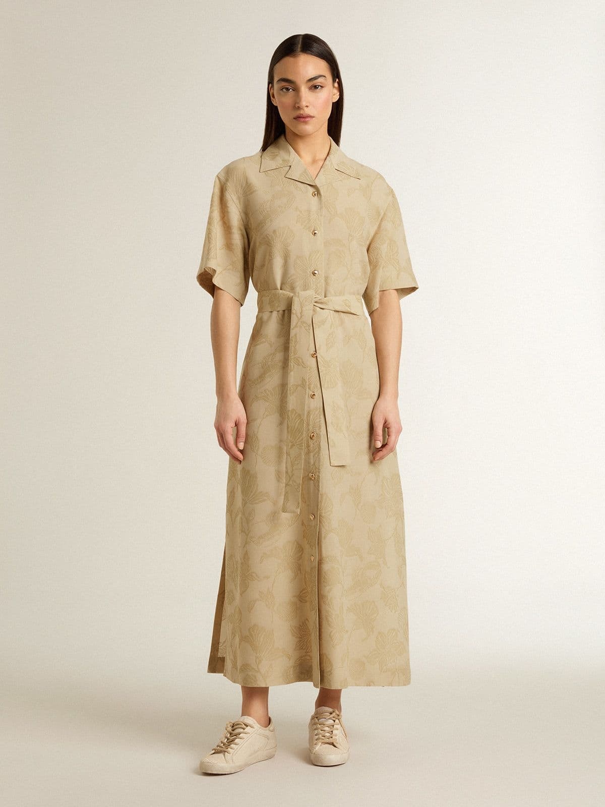 Women's short-sleeved shirt dress in beige floral jacquard - 2