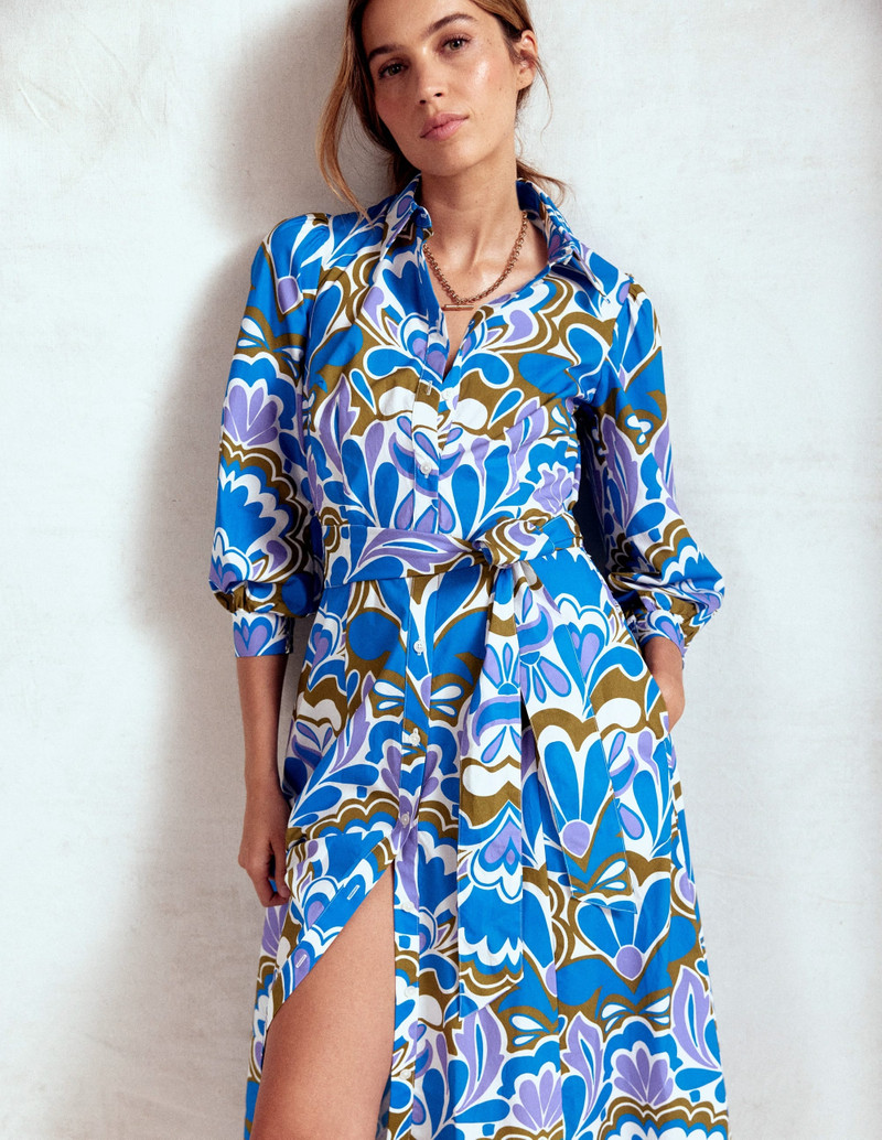 Clara Cotton Shirt Dress-Kingfisher Blue, Freesia Stamp 2