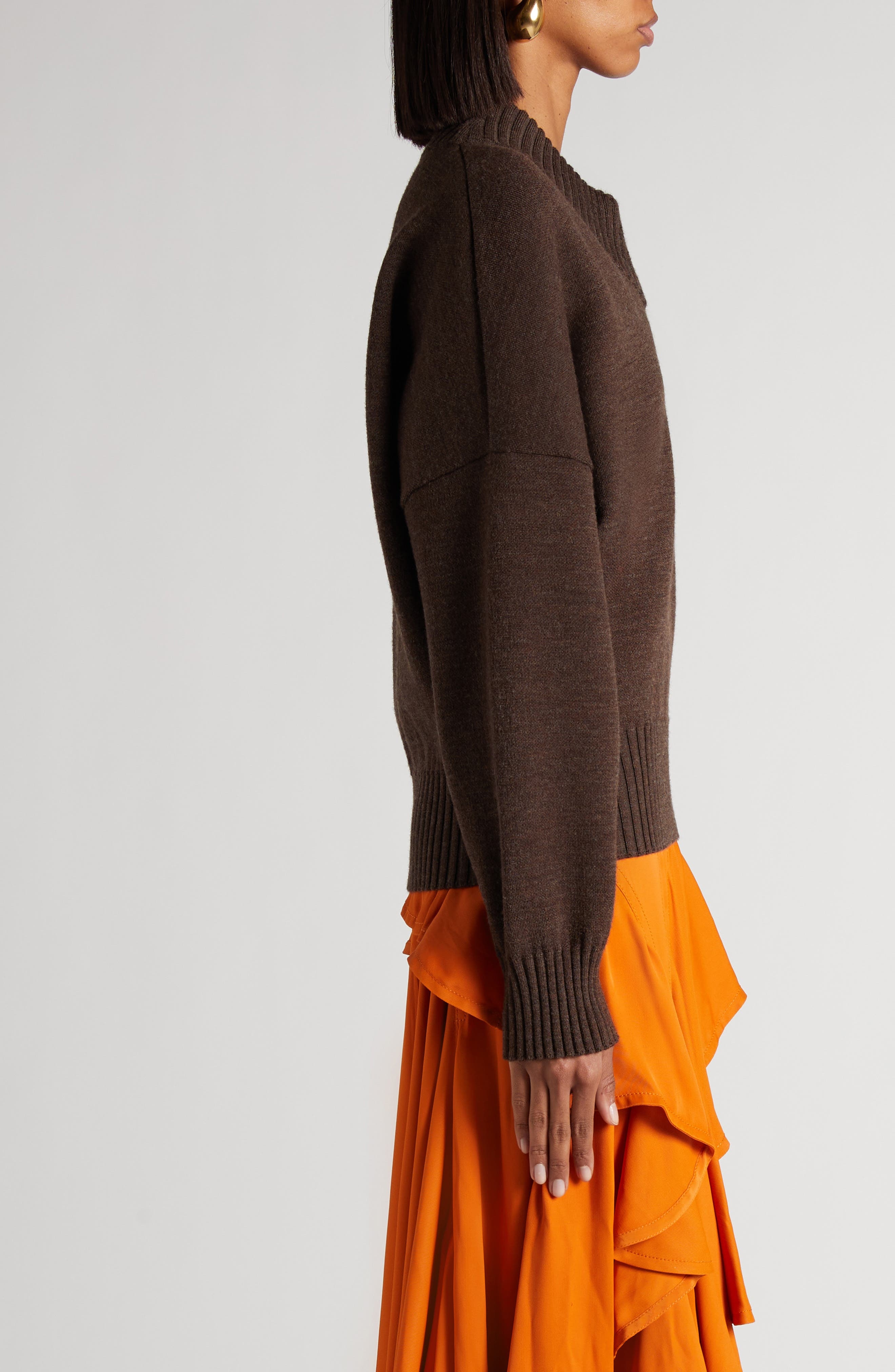 Bottega Veneta Relaxed Fit Double Cotton Blend V-Neck Sweater in 2164 Dark Chestnut at Nordstrom - 4