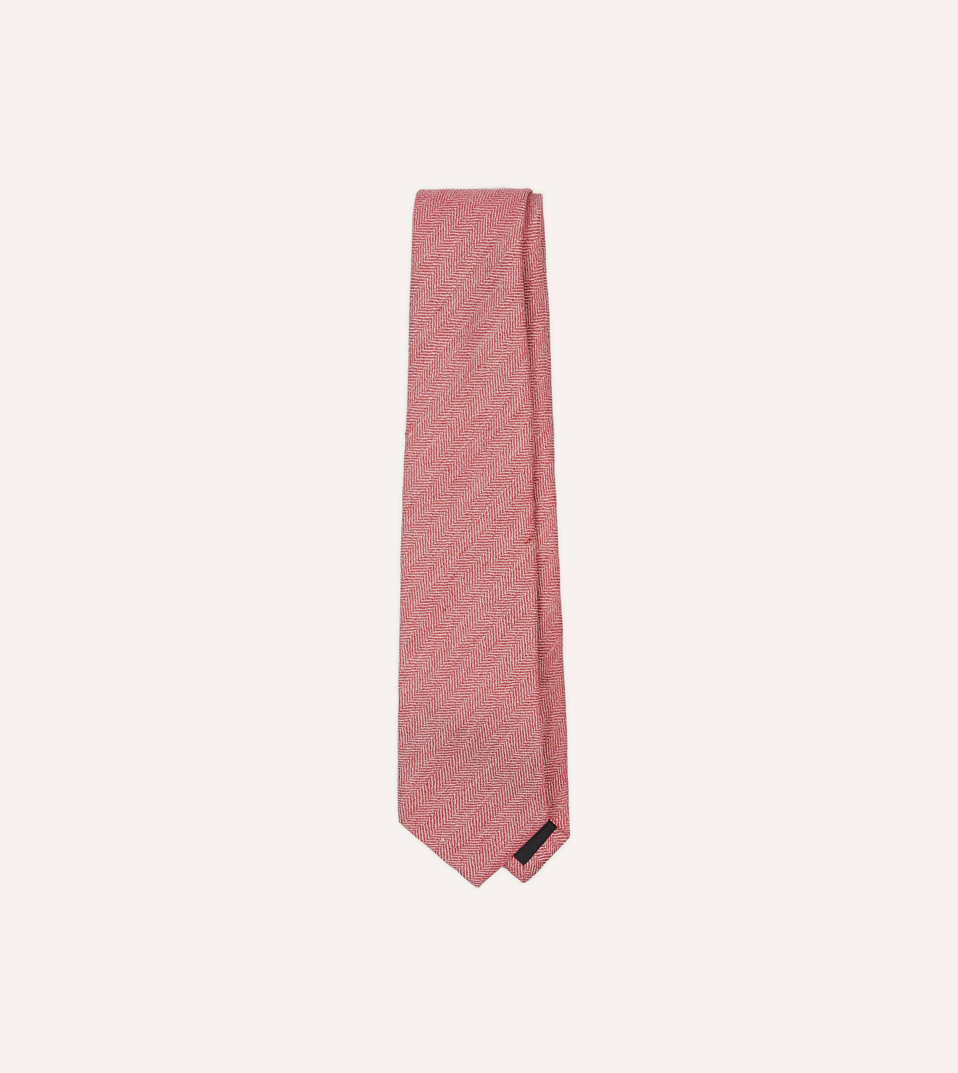 Red and Ecru Herringbone Linen Silk Tipped Tie - 1