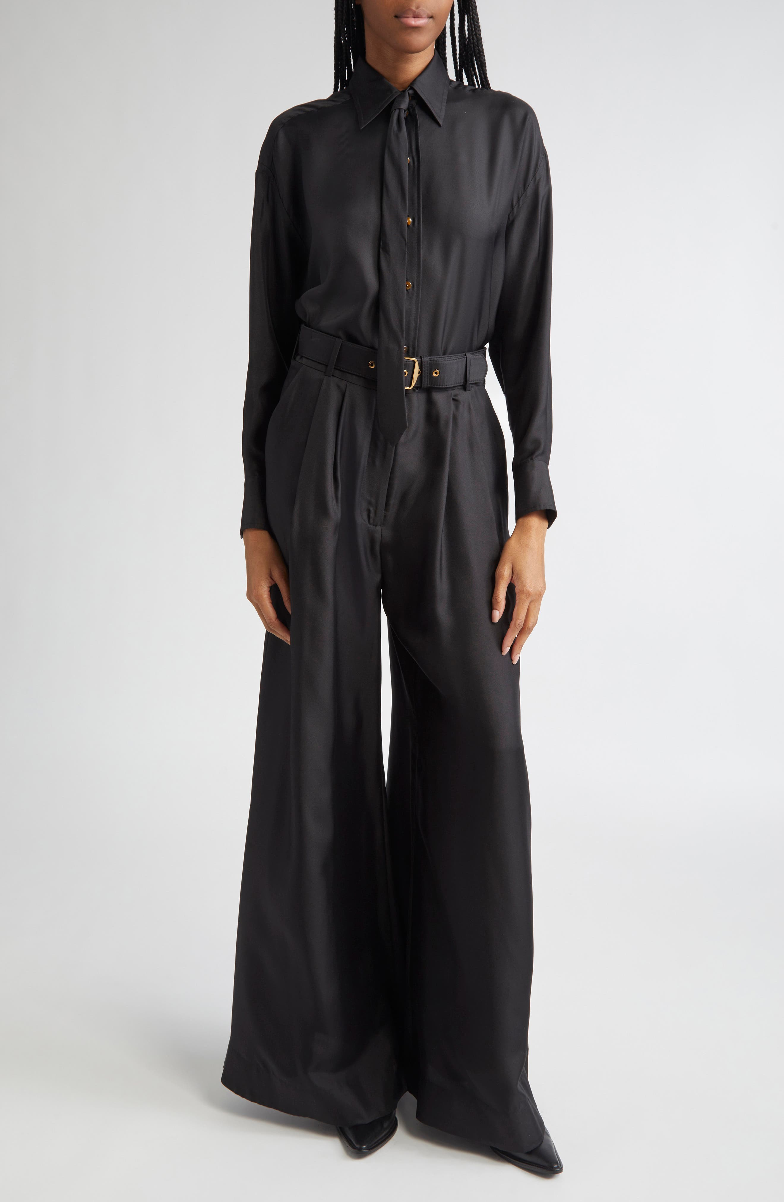 Zimmermann Relaxed Tie Silk Button-Up Shirt in Black at Nordstrom - 2