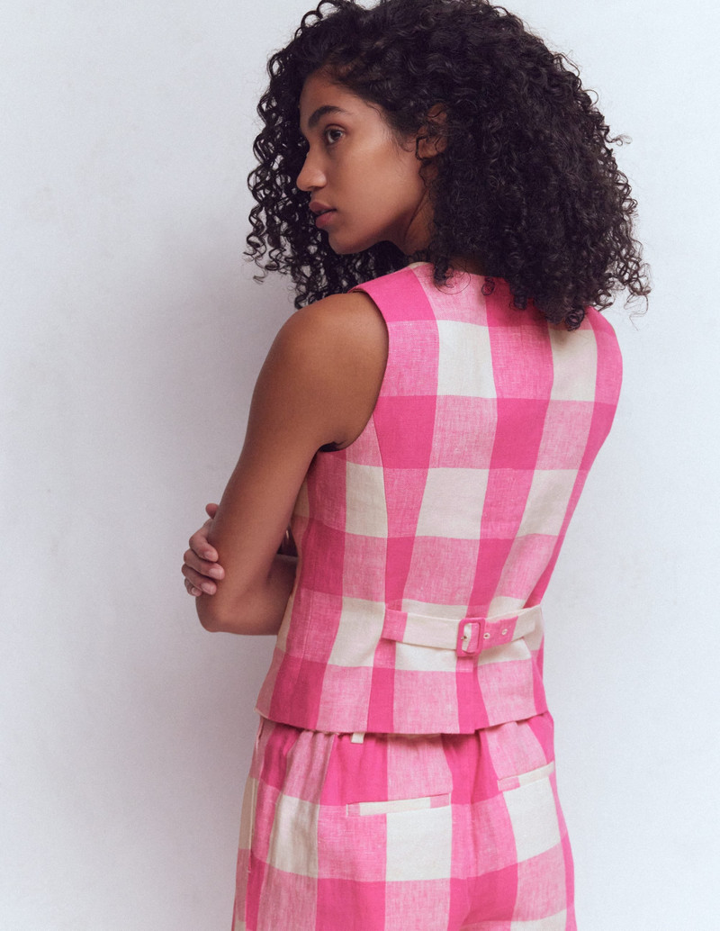 Linen Scoop Neck Waistcoat-Pink Punch Gingham 4