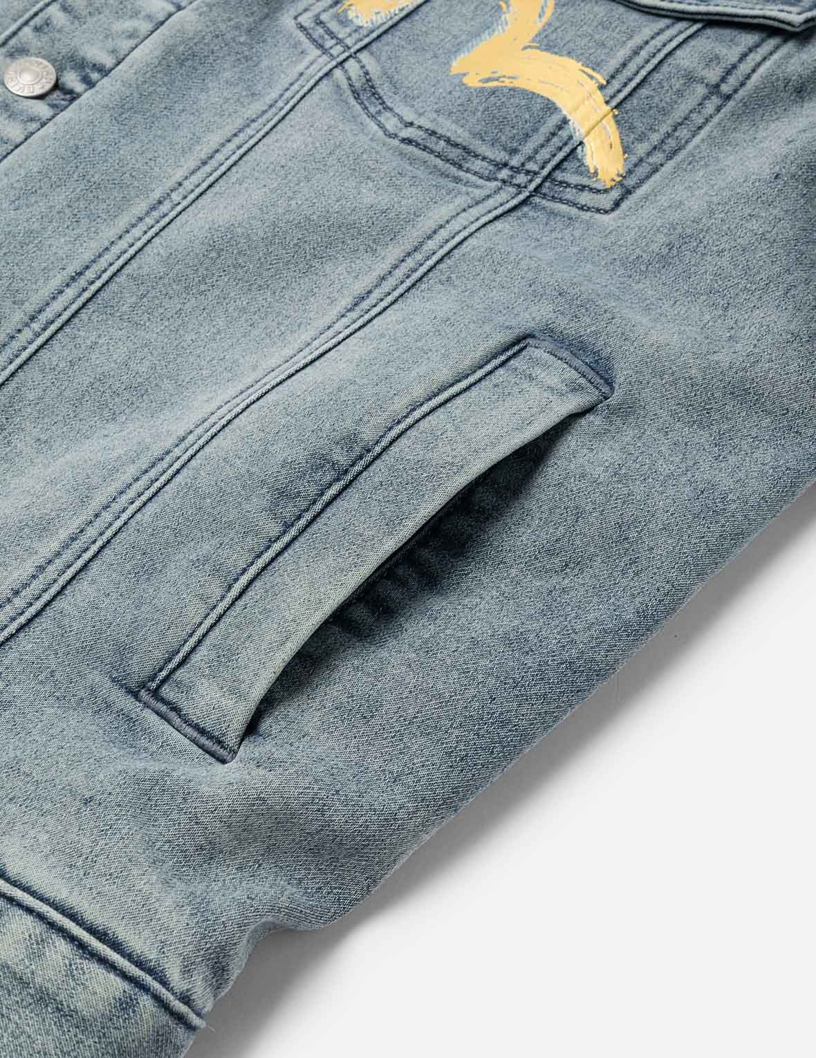 Artistic Brush Daicock Print Relax Fit Denim Jacket - 11