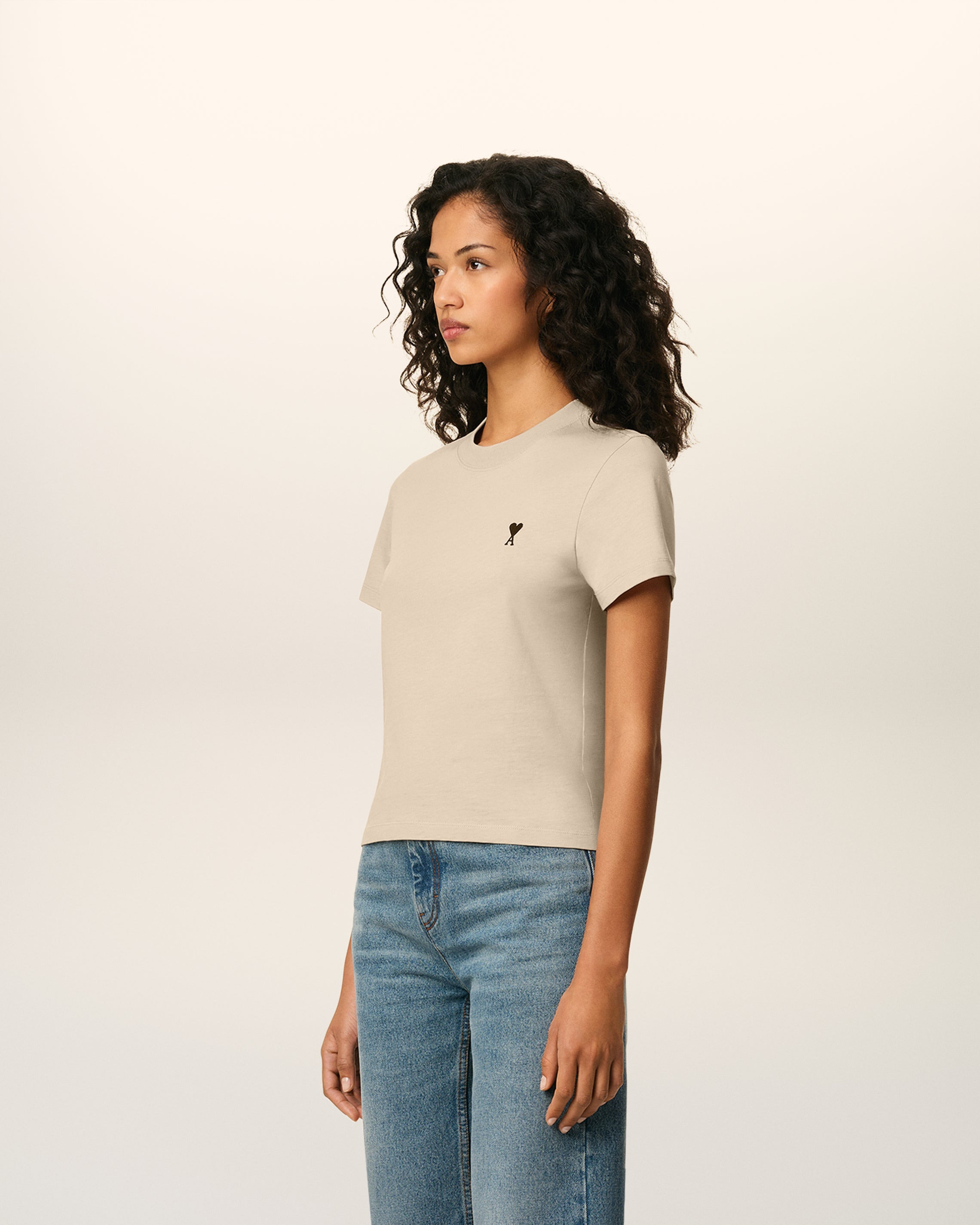 BEIGE COTTON CROPPED AMI DE COEUR T-SHIRT - 6