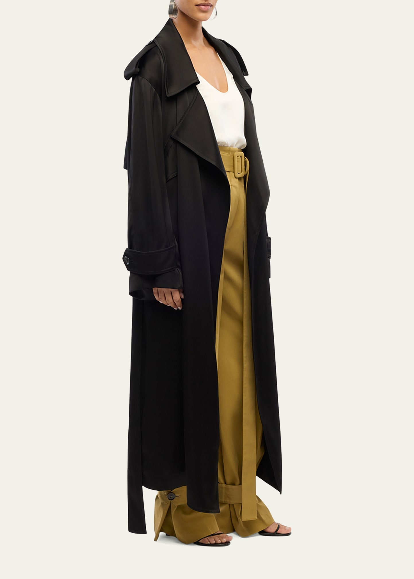 Soft Satin Belted Long Trench Coat - 4