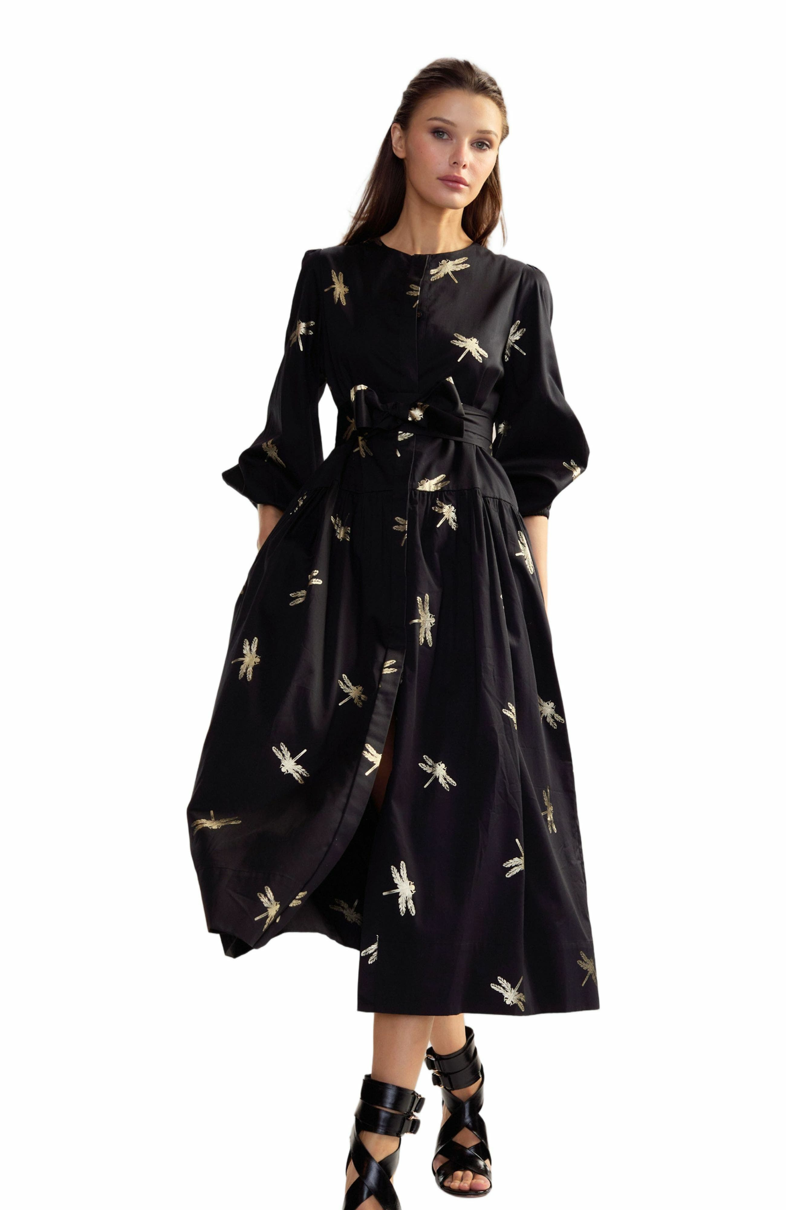 Cynthia Rowley COTTON SATEEN SHIRT DRESS in Black Gold at Nordstrom - 1