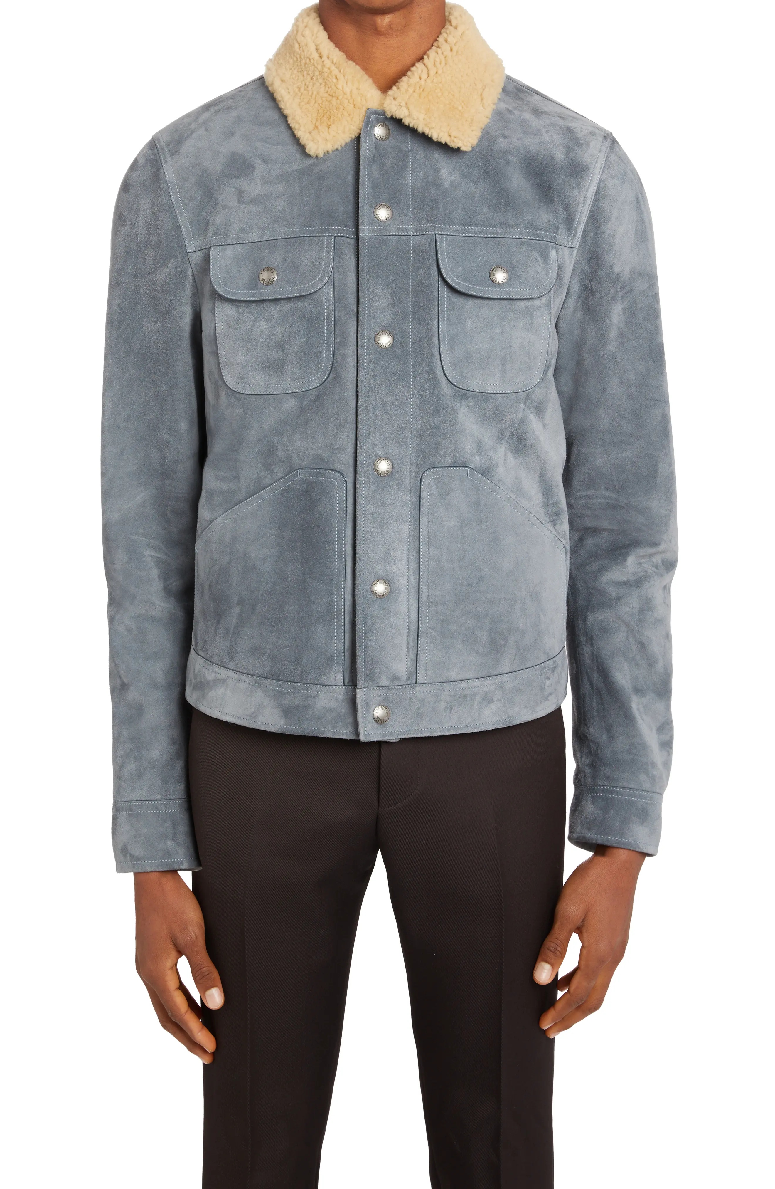 Calfskin Suede Trucker Jacket with Genuine Shearling Trim - 1