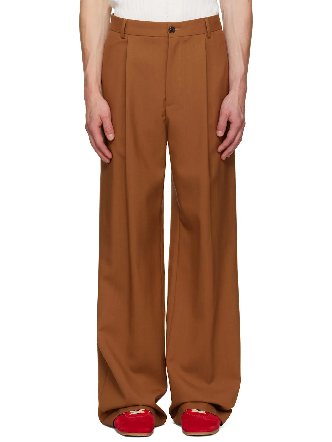 Tan Pleated Wool Trousers - 1