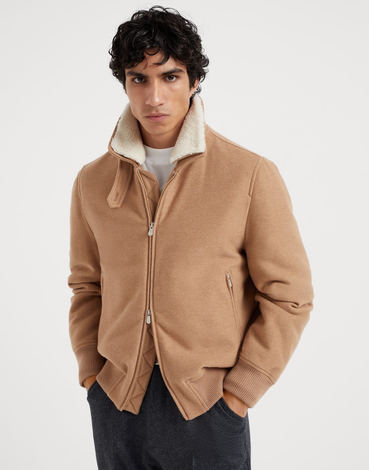 Lightweight water-resistant cashmere bomber jacket with detachable shearling insert and Thermore® pa - 1