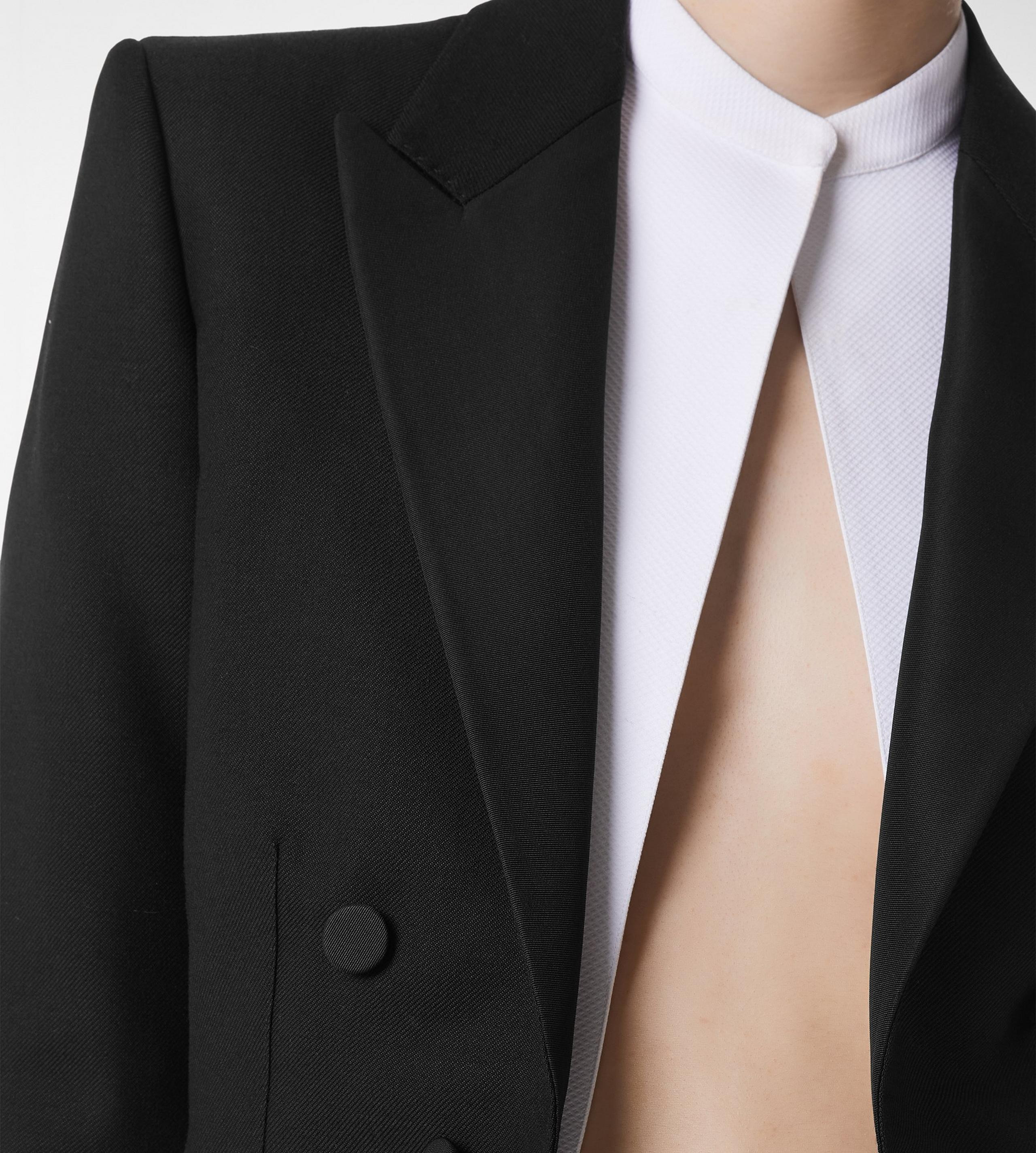 WOOL SILK BLEND DOUBLE BREASTED CROPPED TUXEDO JACKET - 2