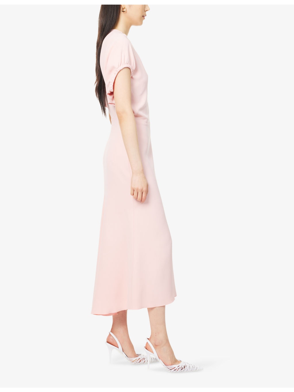 V-Neck Puffed-Sleeves Stretch-Woven Midi Dress - 3