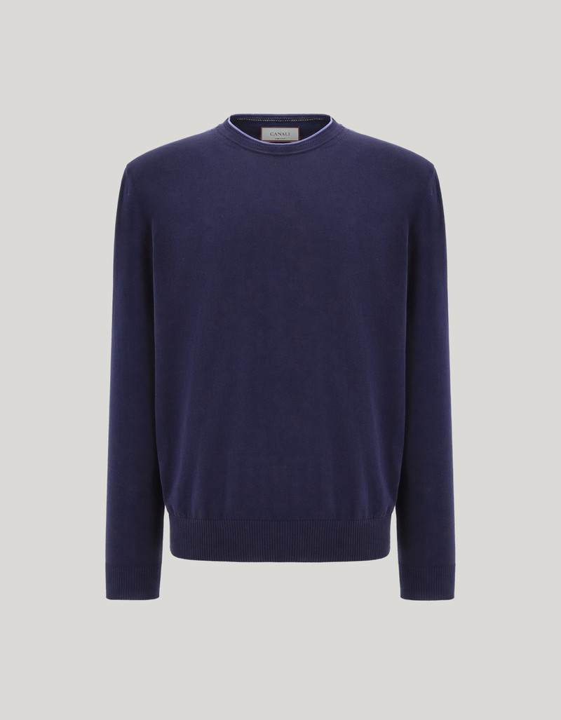 BLUE GIZA COTTON CREW NECK WITH CONTRASTING PIPING 1